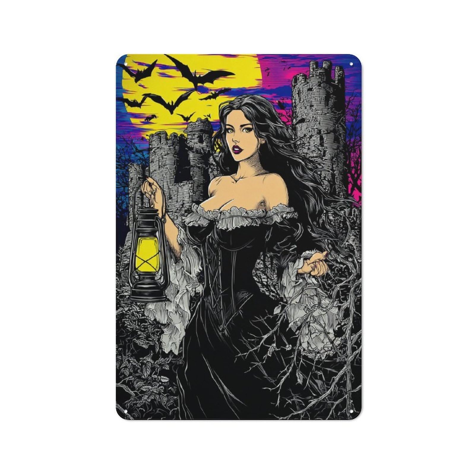 Junmoney Vampire Lady With Lantern Decorative Tin Plaque With Design 30X20cm, Classic Novelty Wall Art For Flat, Dorm Room, Lounge Or Cafe