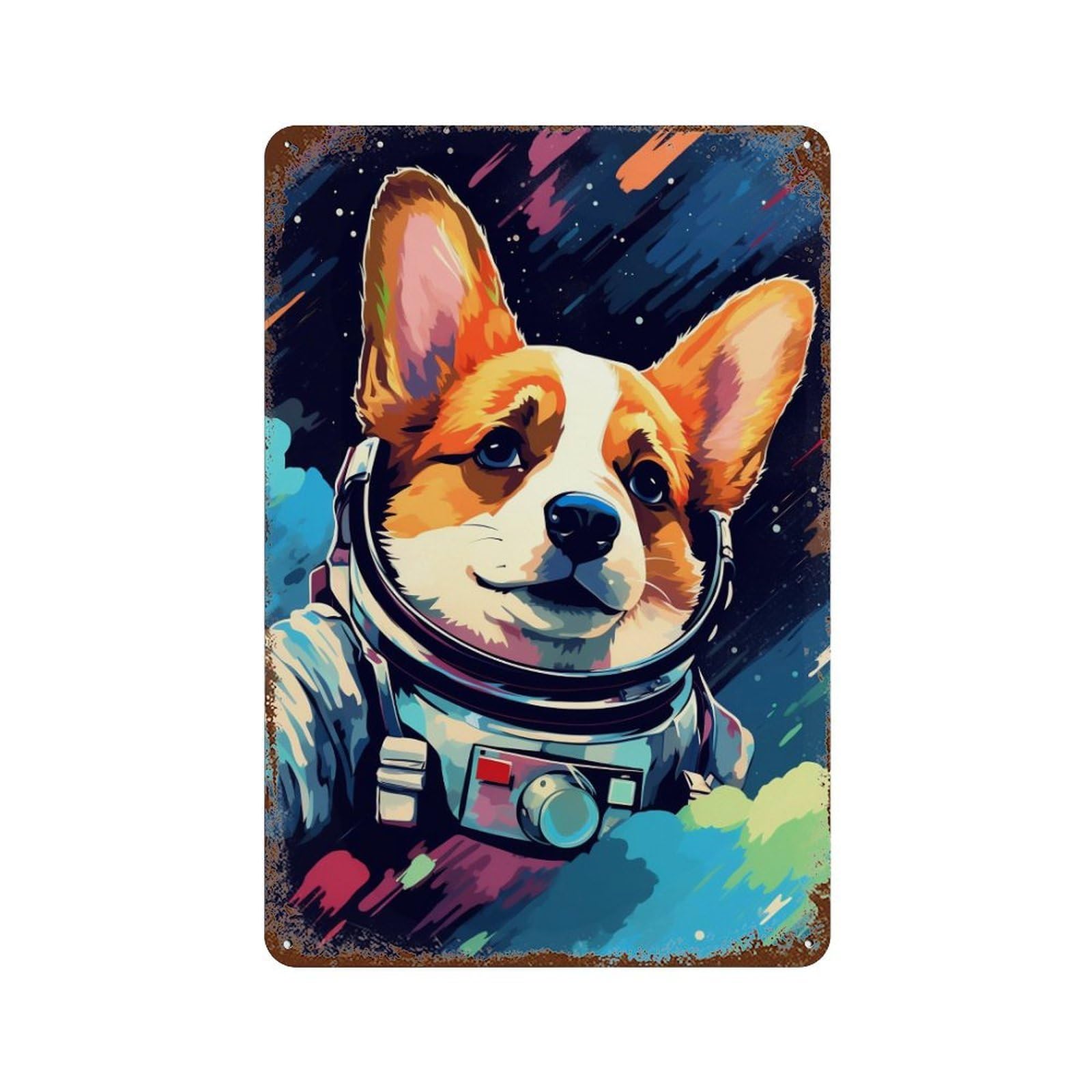 Vintage Metal Tin Sign Corgi Astronaut in Space 11.8"x7.9", Classic Wall Plaque for Farmhouse, Kitchen And Entryway Decor