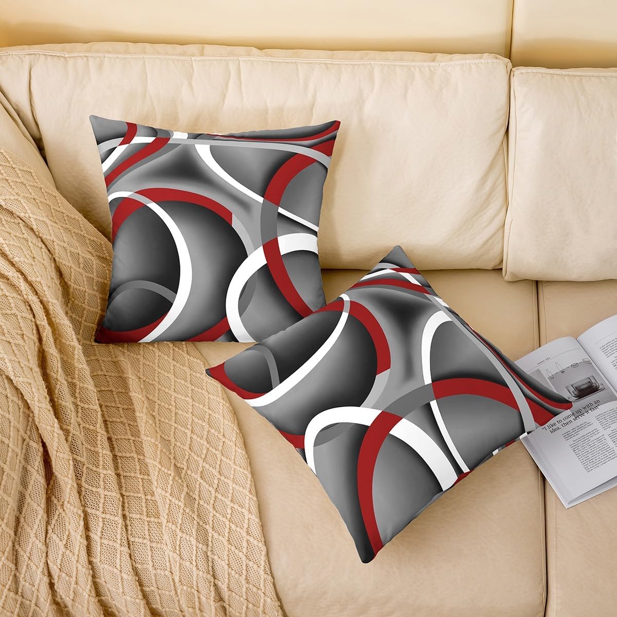Modern Geometric Lines Double Sides Print Pillow Covers,Gray Black Red Swirls Pillowcases Soft Square Cushion Cases 24"x 24",Modern Abstract Throw Pillow Covers for Living Room Decor Set of 2