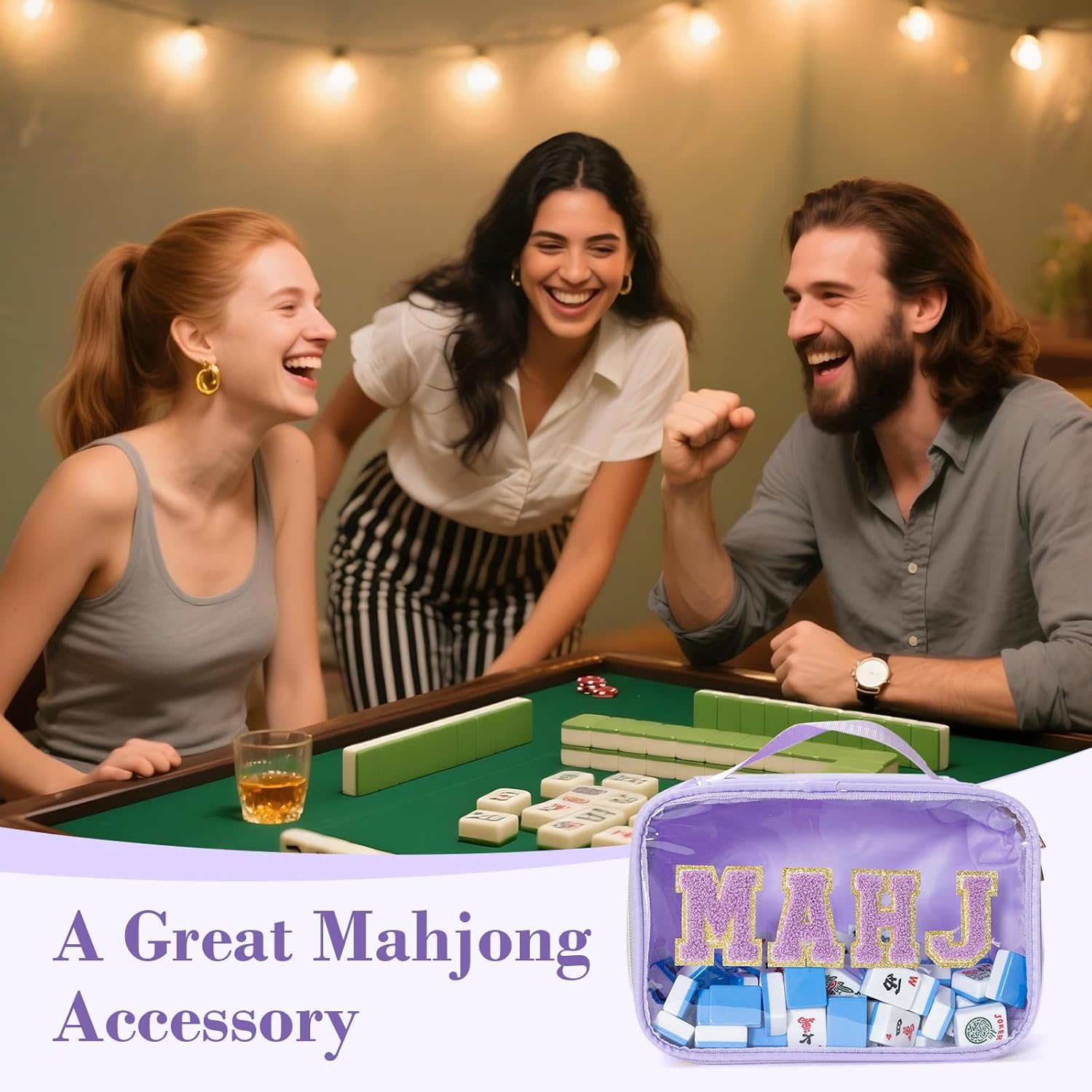 Empty American Mahjong Tile Storage Bag, Clear PVC Mahjong Travel Case with Handle and Zipper, Fits 166 Tiles, Case Only, Includes 4 Instruction Sheets (Purple)