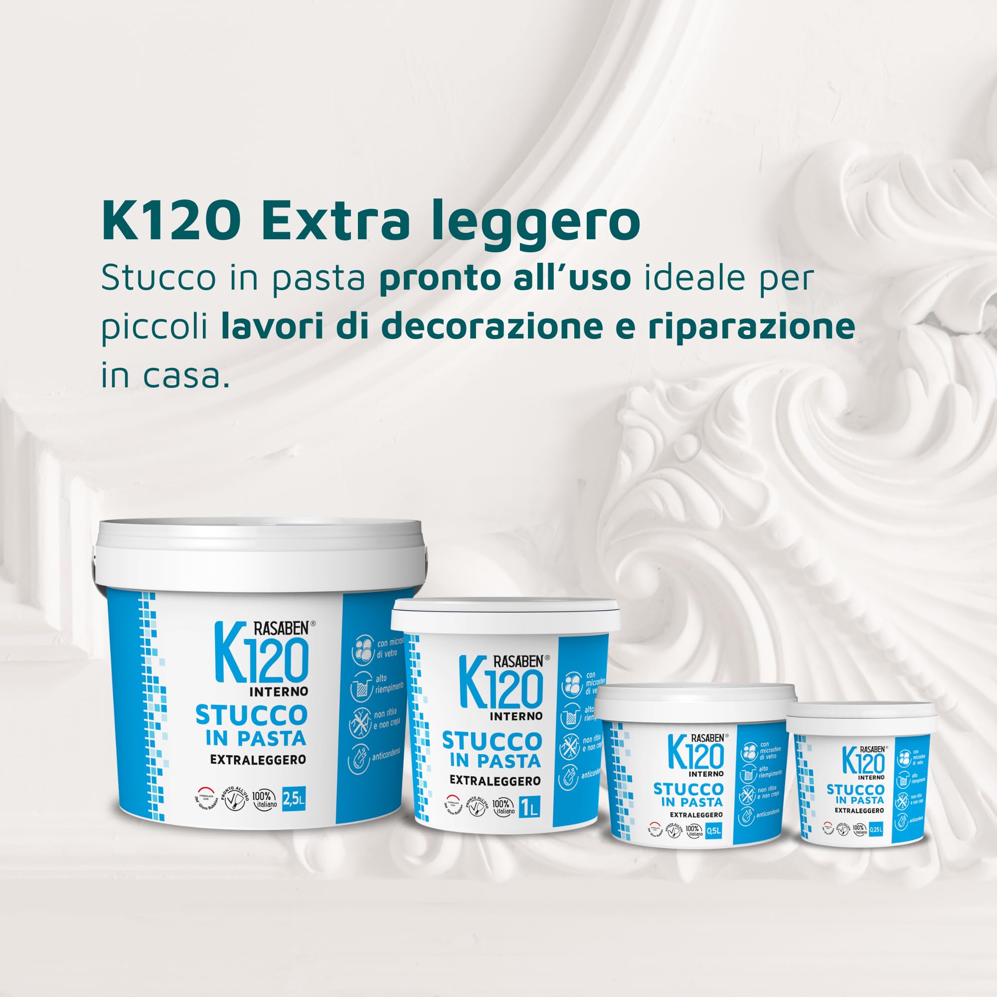 RASABEN - Stucco in Pasta K120 Extra leggero con Microsfere di Vetro, per Finiture, Pronto all'Uso, Alto Riempimento, Anticondensa, Non Ritira o Crepa, per Interno, Made in Italy, Barattolo da 0,25L
