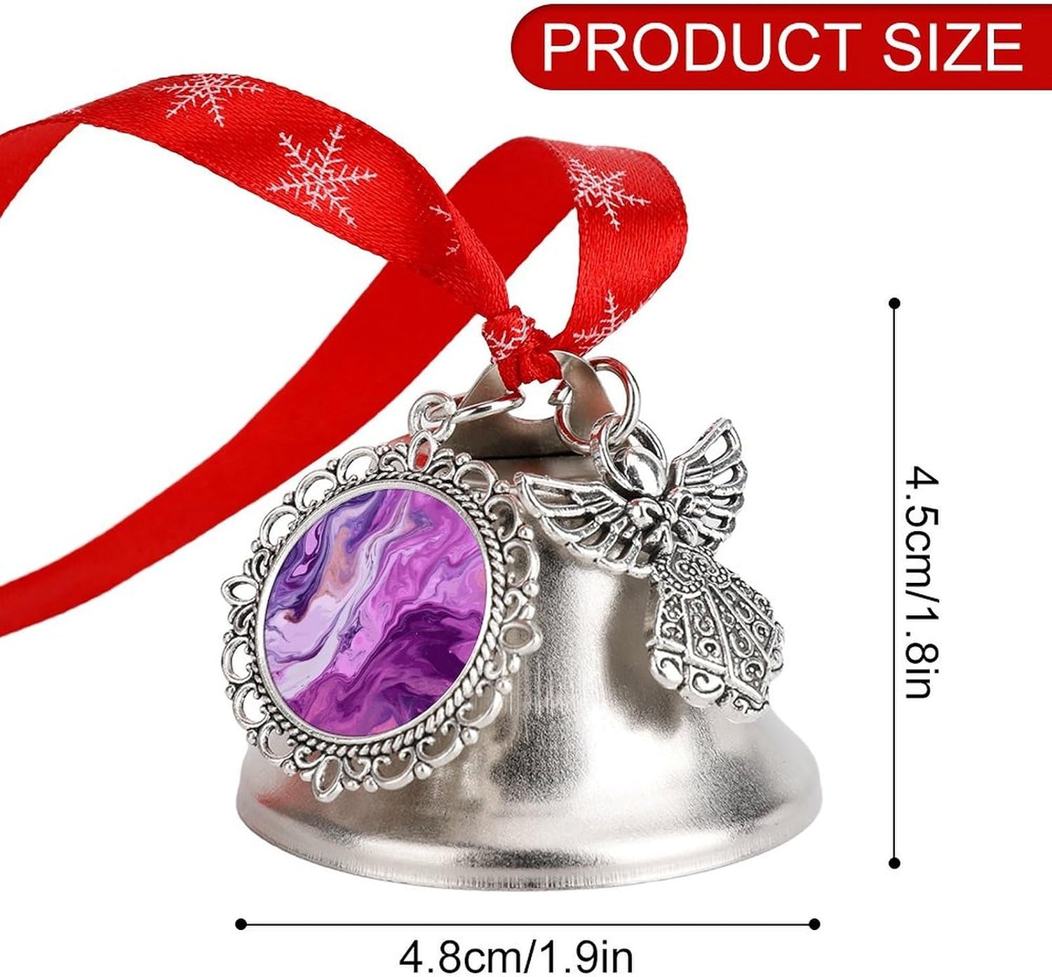 Marble Purple Colorful Christmas Bells Ornaments with Wings & Heart Silver Bell Pendant for Christmas Tree Home Door Mantle Fireplace Decoration