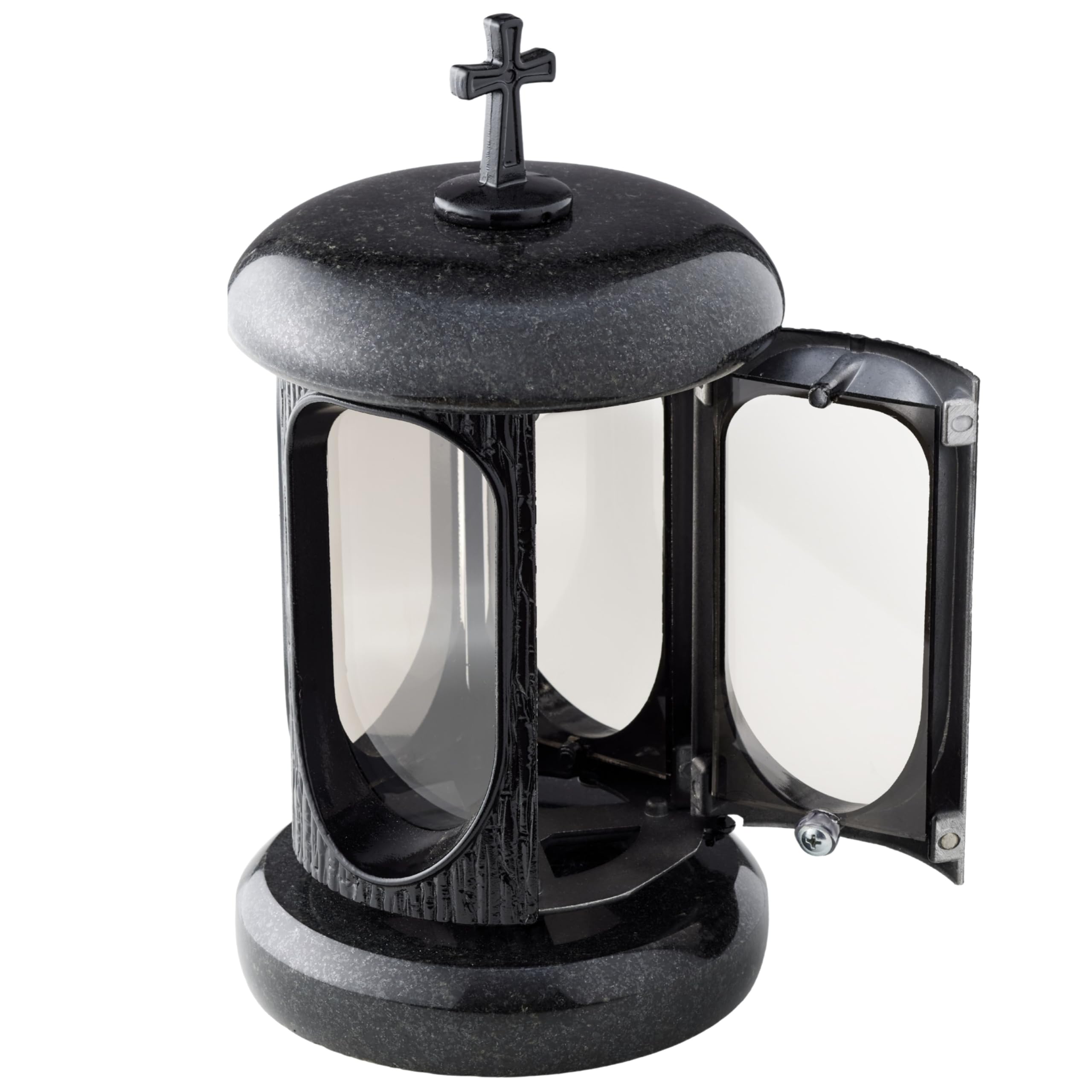 Novecrafto Black Large Round Granite Memorial Lantern – H 8.6" (22Cm) Graveside Tribute With Cross - Funeral Gift, Cemetery Grave Ornaments, Memory Lantern, Candle Decoration For Graveyard