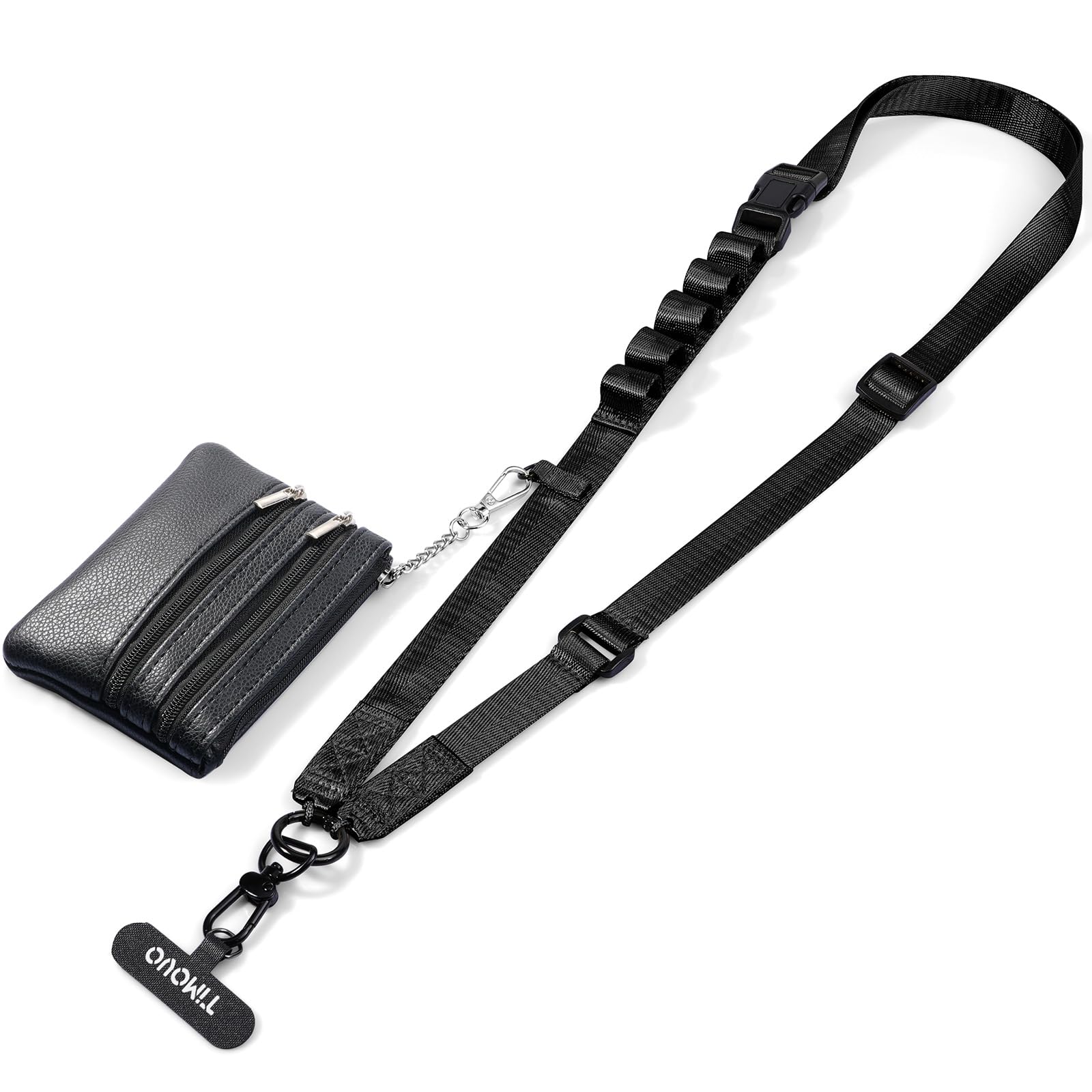 Timovo Unisex Black Clip And Go Phone Strap With Leather Wallet, Phone Lanyard Crossbody With Detachable Zippered Pouch Adjustable Strap For Phones,