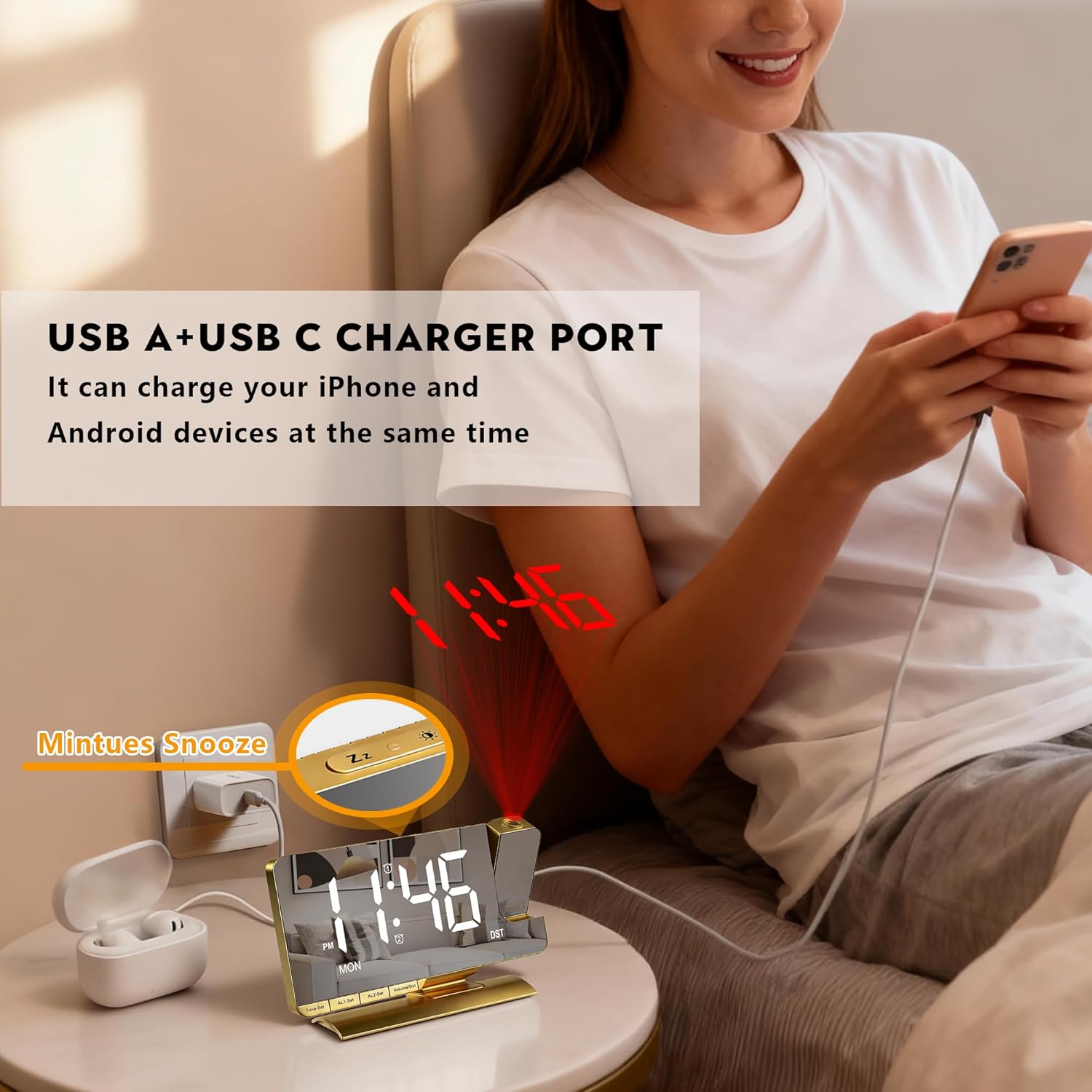 SZELAM Alarm Clock Bedside with Projection Digital Clock,7.3" Mirror Clock with 180°Rotating Projector,Dual Alarm with 3 Mode,Brightnee Adjust,DST,Snooze,Charging Port,5 Levels Volume for Desk Teens