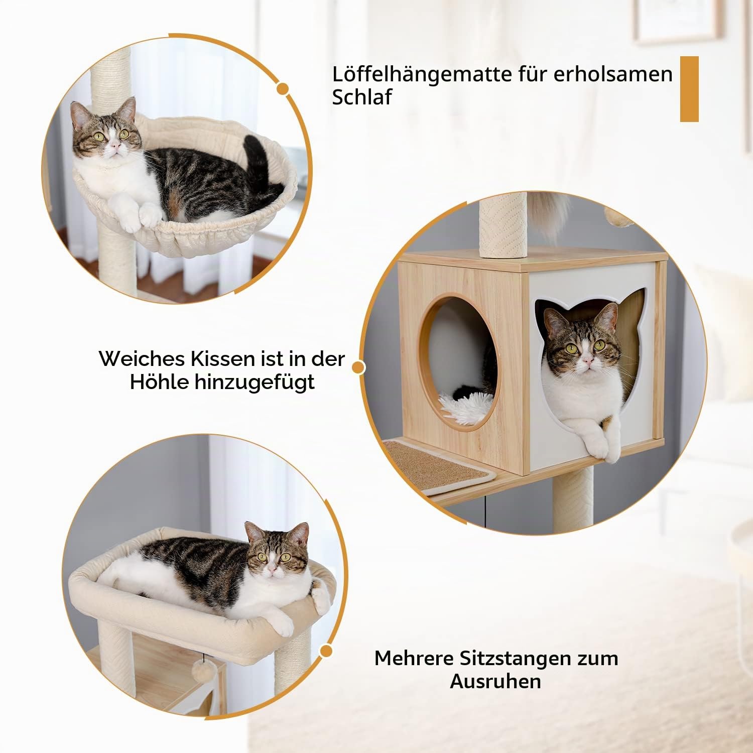 PAWZ Road Moderner Katzenbaum Holz Katzenturm mit Aufbewahrungsschrank Katzentoilette Gehege und geräumiger Katzenhütte Große obere Sitzstange und Hängematte Beige