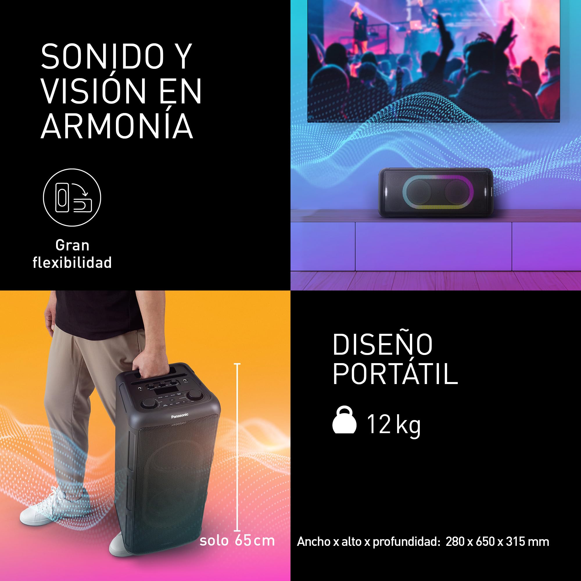 Panasonic SC-BMAX5E-K Altavoz Portátil para Fiestas con Bluetooth, Luces Integradas, 75 W, USB, Entrada Óptica para TV, Entradas de Guitarra y Micrófono para Karaoke, Negro