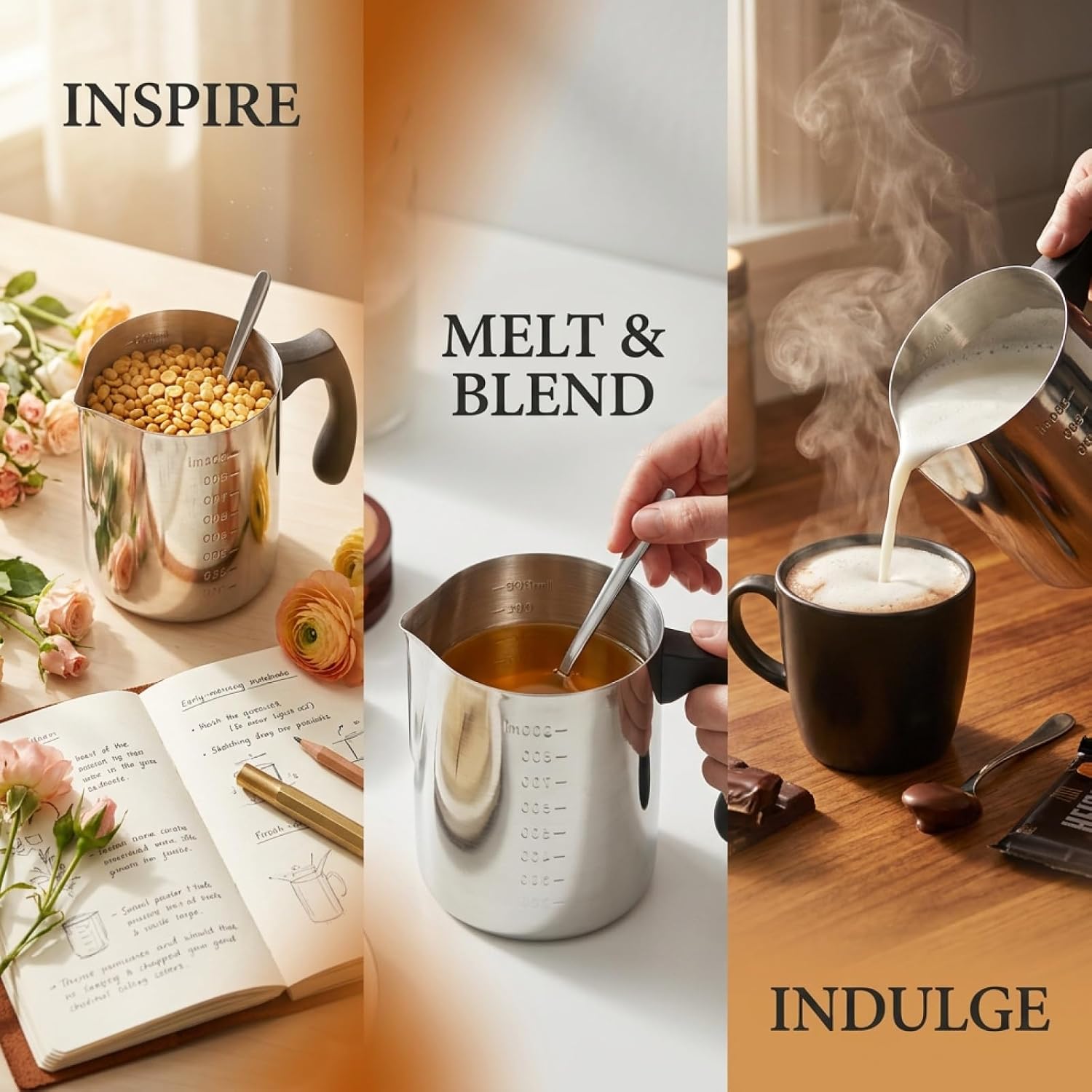 COSYOO 2 Pcs Candle Making Pouring Pot, 32 oz Stainless Steel Wax Melting Pitcher with Heat Resistant Handle & Dripless Spout, 2 Stirring Spoons Included