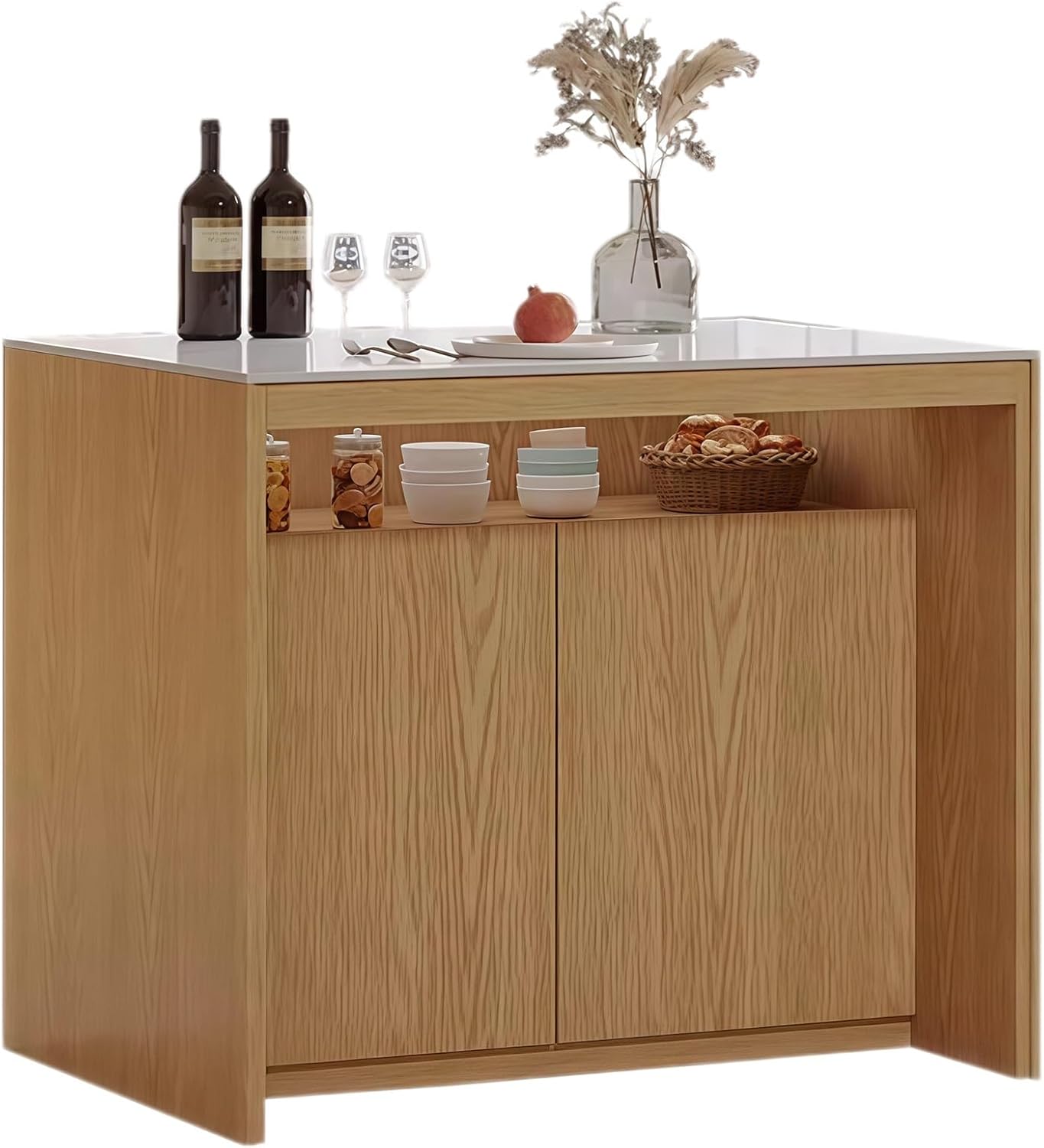 Storage Trolley Freestanding Kitchen Island with Stone Top Wood Open Shelf & Cabinet Doors Shelving Organizer(Yellow,Small)