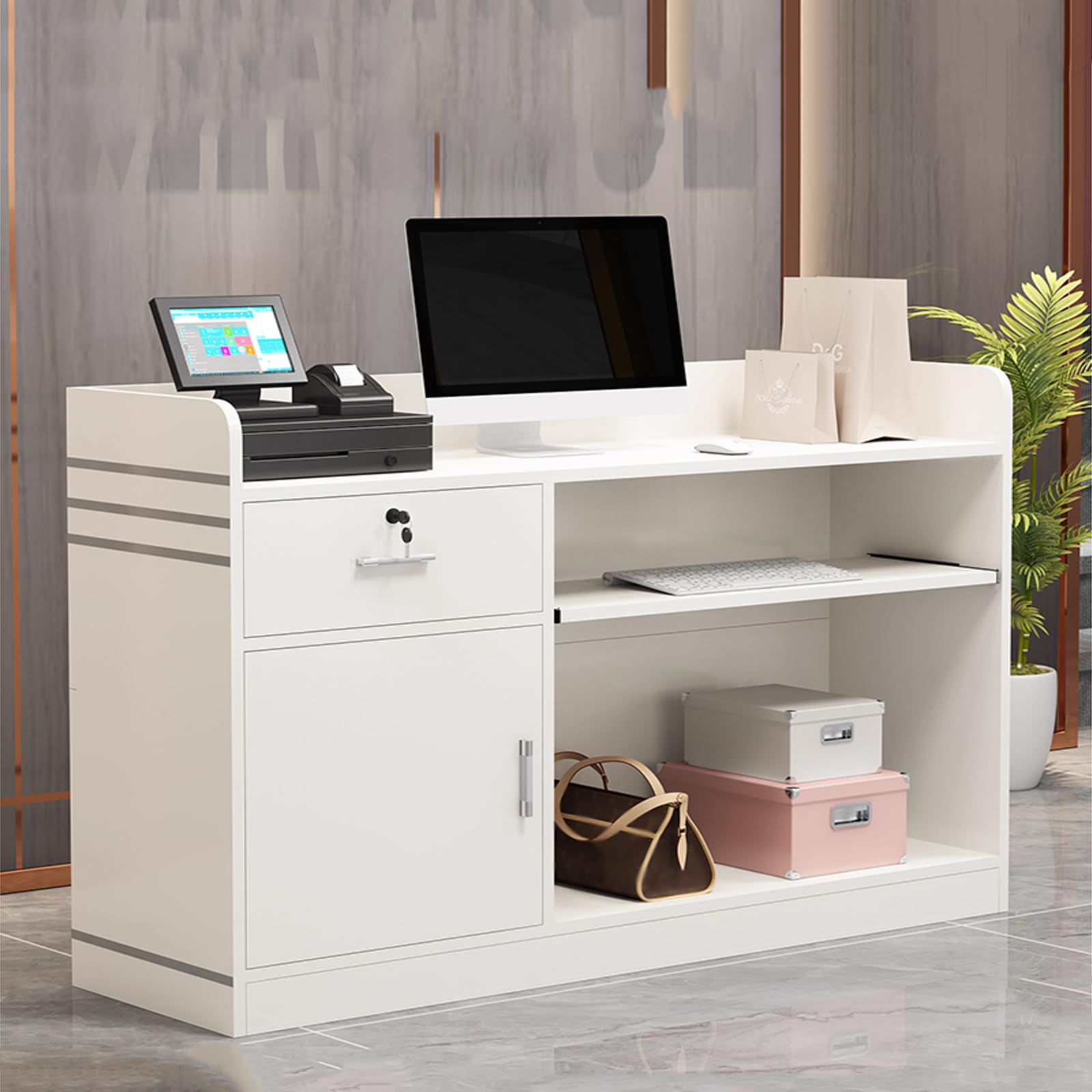 Escritorio de recepción con cerradura con armario de almacenamiento, muebles de oficina con bandeja para teclado y mostrador moderno para uso profesional, solución de espacio de trabajo elegante y
