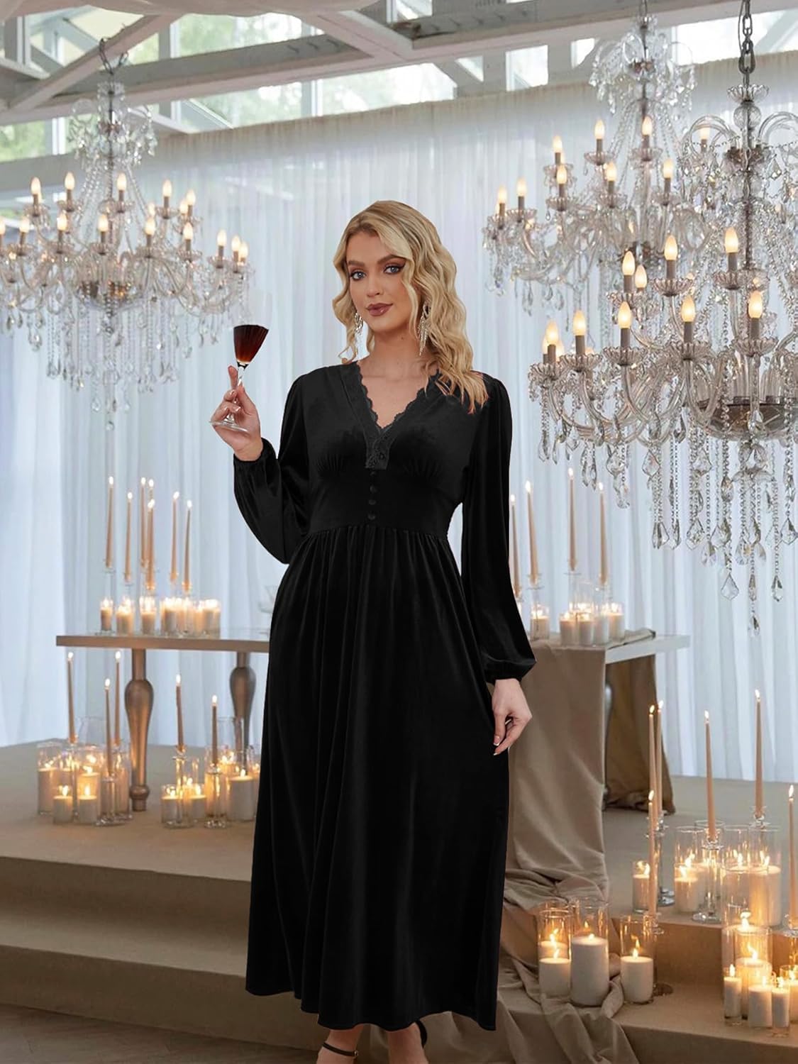 Women's Velvet Maxi Dress Elegant V Neck Lace Trim Smocked Waist Formal Wedding Guest Dresses with Pockets