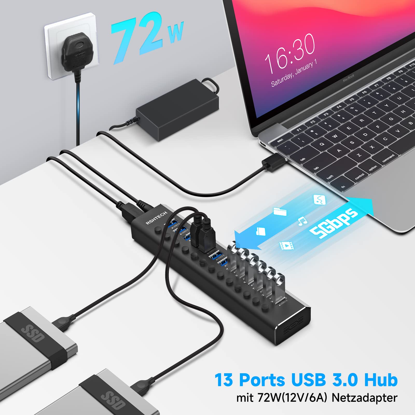 Hub USB z zasilaczem, RSHTECH aluminiowy koncentrator USB Aktiv 3.0 z zasilaczem 72 W (12 V/6 A), 13-portowy koncentrator USB aktywny z kablem do transmisji danych 100 cm, do ładowania i przesyłania