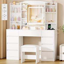 ANWBROAD Large Dressing Table with LED Lighting Glass Top and Stool White Schminktisch mit Steckdosen Spiegel Verstecktem Stauraum Frisiertisch mit 9 Schubladen 7 Ablagen und 5 Schmuckhak BDT21W