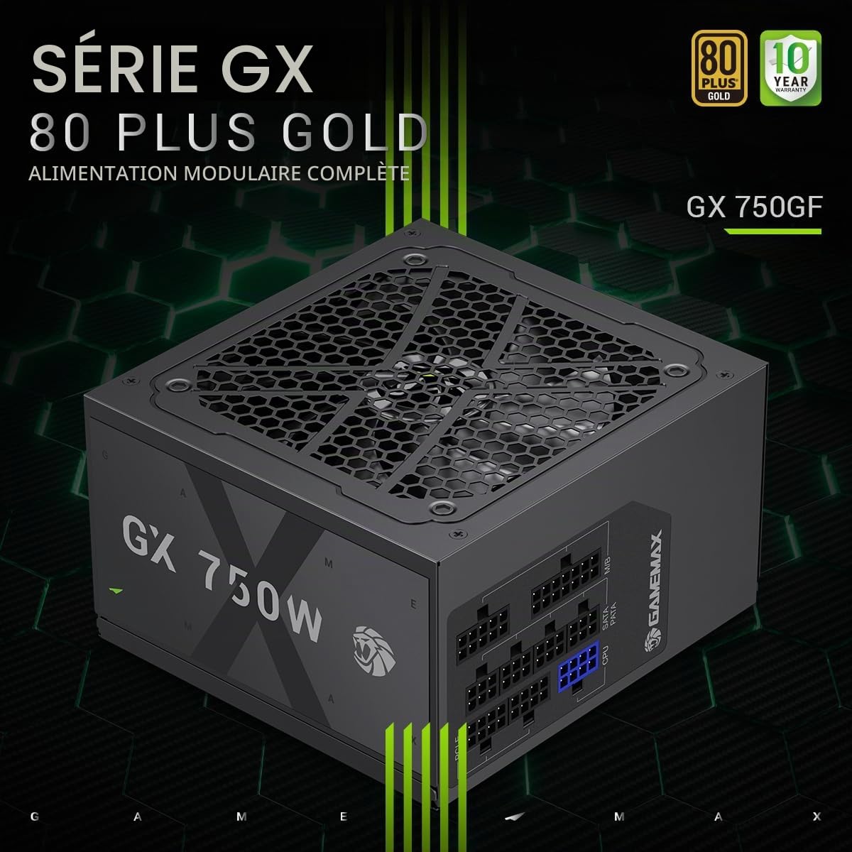 GAMEMAX GX 750GF Alimentation PC 750W, Totalement Modulaire ATX 3.0 avec Câble 12V-2×6 et Prise en Charge PCIe 5.0, 80 Plus Gold, Ventilateur FDB de 120mm, Garantie 10 Ans, Noir
