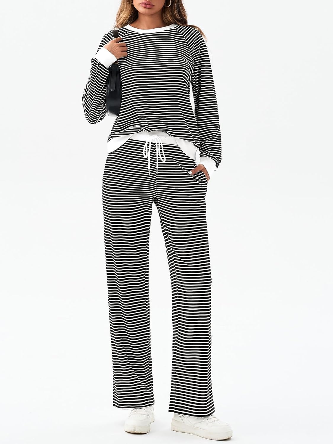 Tankaneo Womens Sweatsuits 2 Piece Sets Striped Long Sleeve Sweatshirt Wide Leg Pants Tracksuit Lounge Set - Image 5