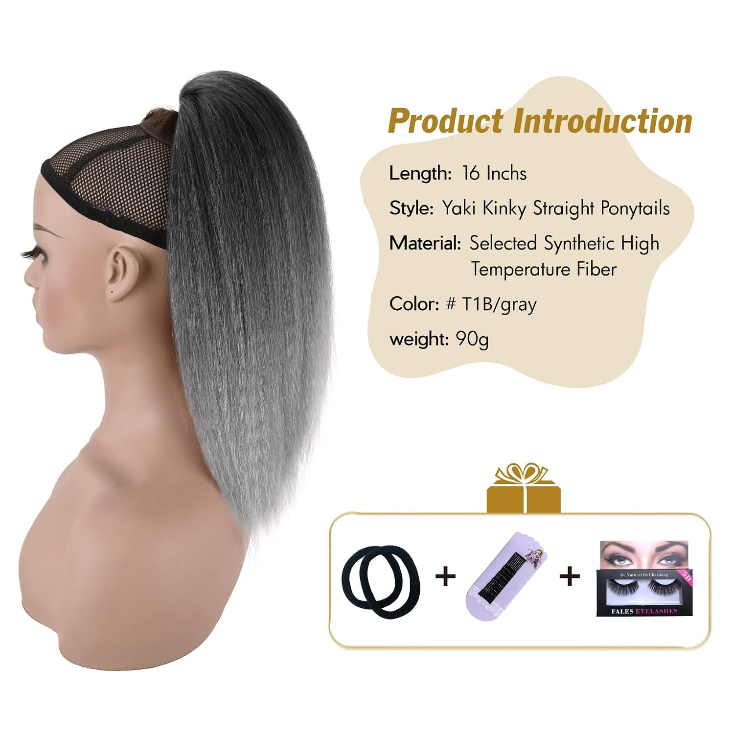 Grey Yaki Straight Drawstring Ponytail for Women 16inch Salt and Pepper Yaki Pony Tail Clip in Hairpiece Shoulder Length Synthetic Kinky Straight Ponytail hair Extension(T1B/Gray)