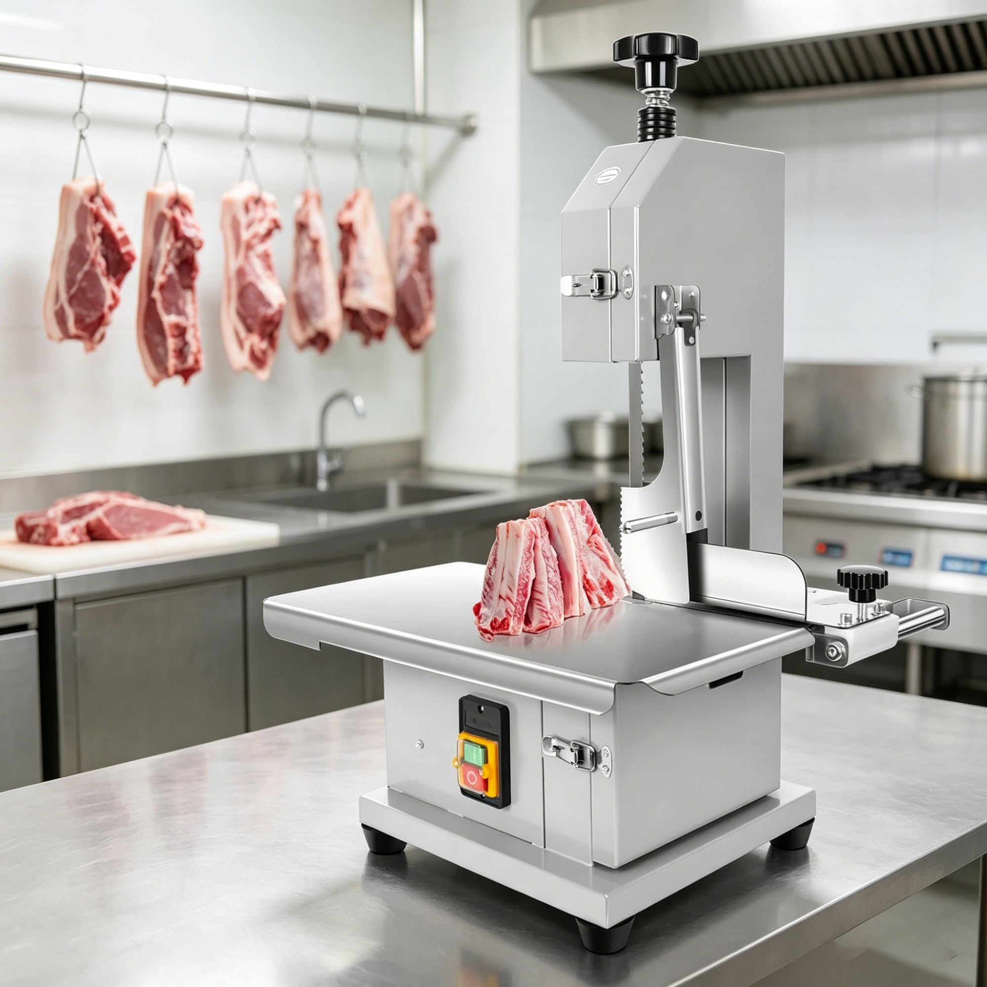 Sierra de Huesos Comercial, Sierra de Cinta Eléctrica para Carne (Carnicería), Máquina de Corte de Huesos de Mesa (19x14 pulgadas) de Acero Inoxidable, Cortadora de Carne Congelada