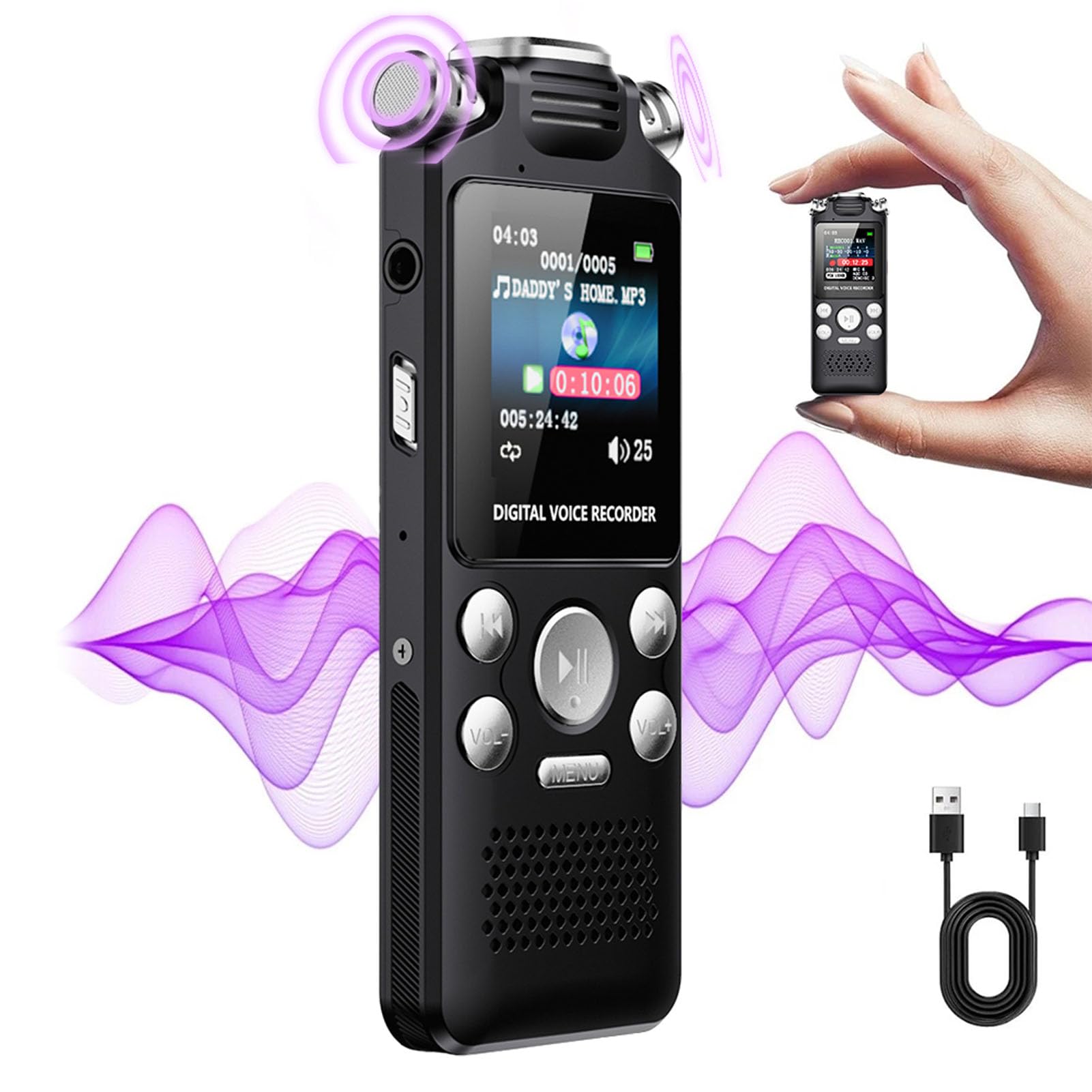 Cryfokt Grabadora de Voz Digital con Reproducción, Grabadora Activada por Voz con Reducción de Ruido y Reproductor MP3 for Clases, Reuniones, Entrevistas (16GB)