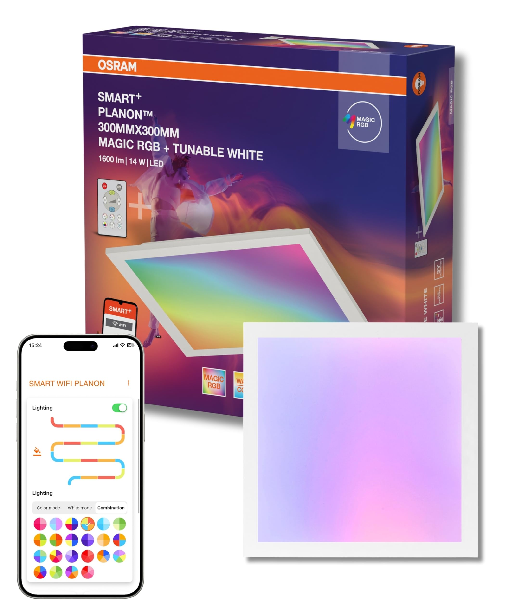 OSRAM SMART + WIFI PLANON MAGIC Oświetlenie panelowe LED, białe, 18 W, 1600 lm, funkcja światła białego, możliwość przyciemniania, dynamiczny efekt świetlny Magic-RGB, długa żywotność, sterowanie za