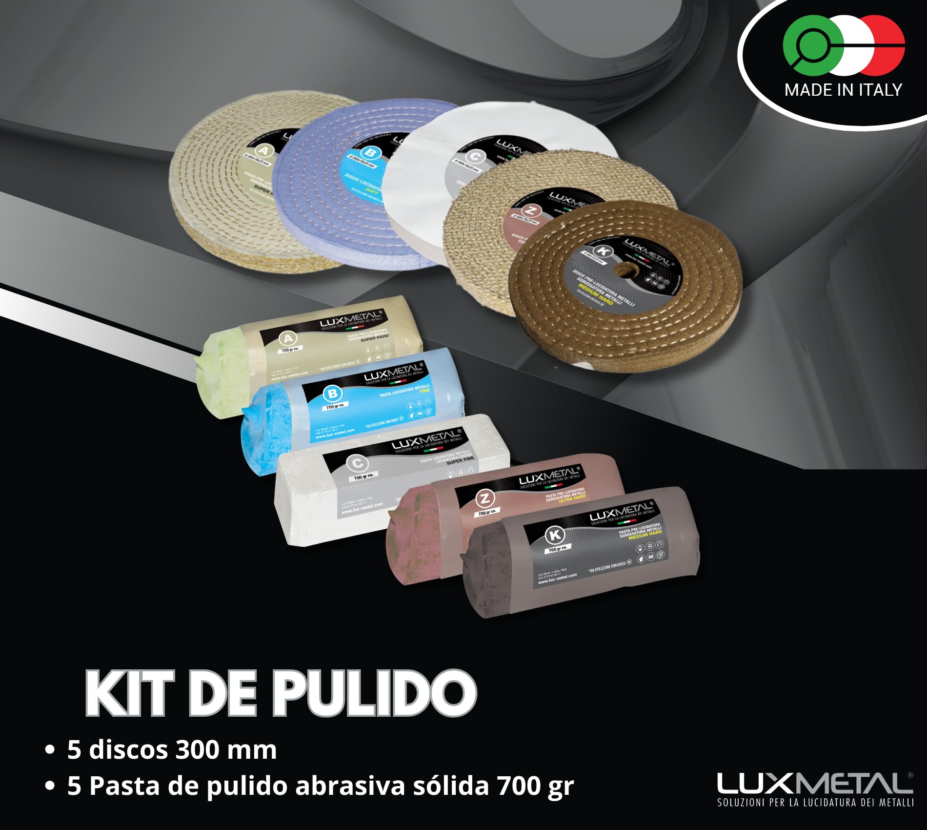 Lux Metal - Kit con 5 discos pulidores de 300 mm y 5 pastas abrasivas pulidoras de 700 gr Para aluminio hierro acero inoxidable bronce mármol Rueda de pulido para metales muela esmeriladora fieltro.