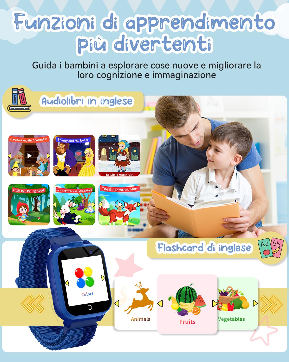 PIULAXIU Smartwatch per Bambini - Orologio Intelligente per Bambini con Telefono, 13 Sveglie per Abitudini, Audiolibri, 30 Giochi, SOS, Modalità Scuola, Fotocamera, Regalo per Ragazzi e Ragazze (Blu)