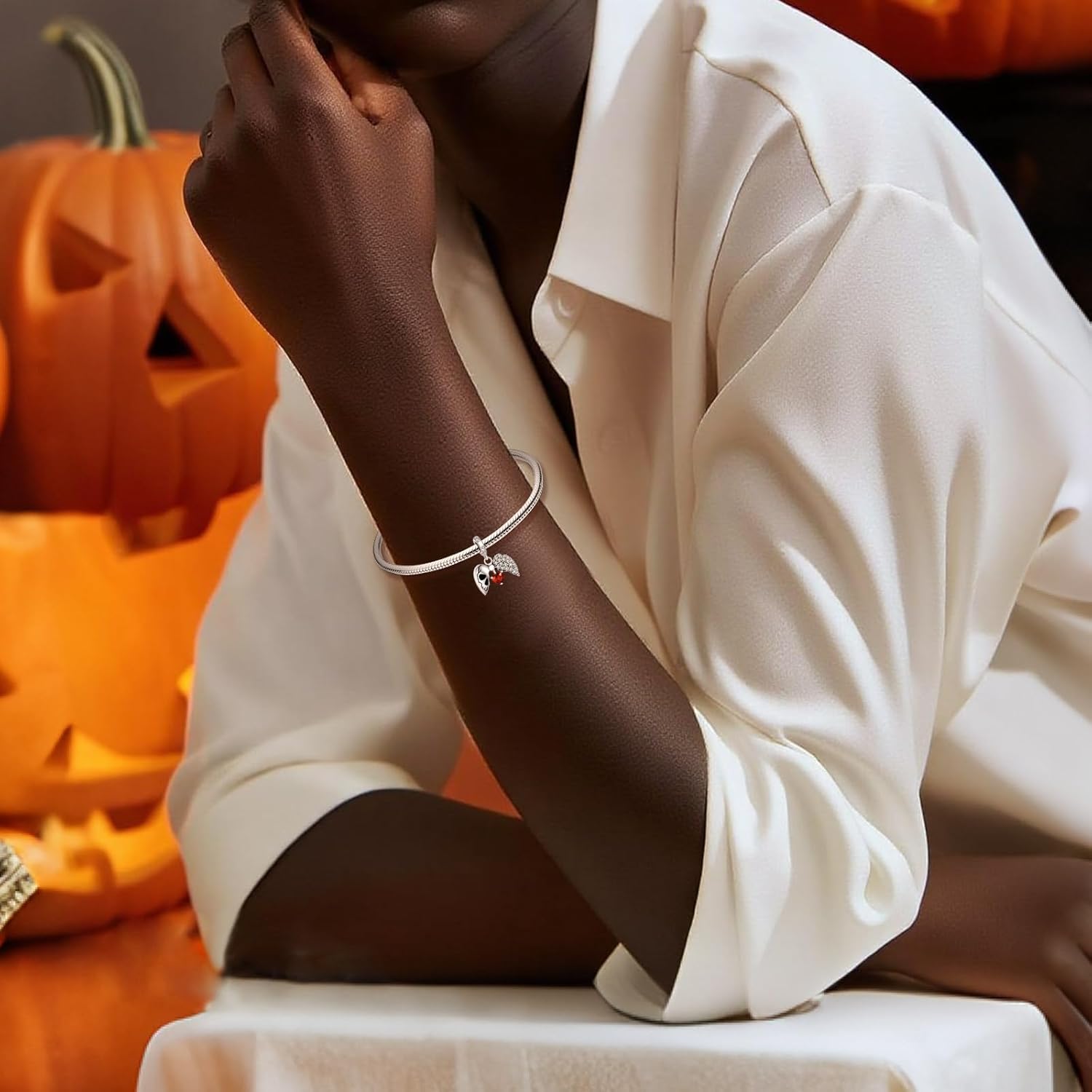 Skeleton Head Red Diamond Heart Openable Pendant 925 Sterling Silver Charm Bracelets for Women Charms Halloween Gifts for Women Friends - Image 5