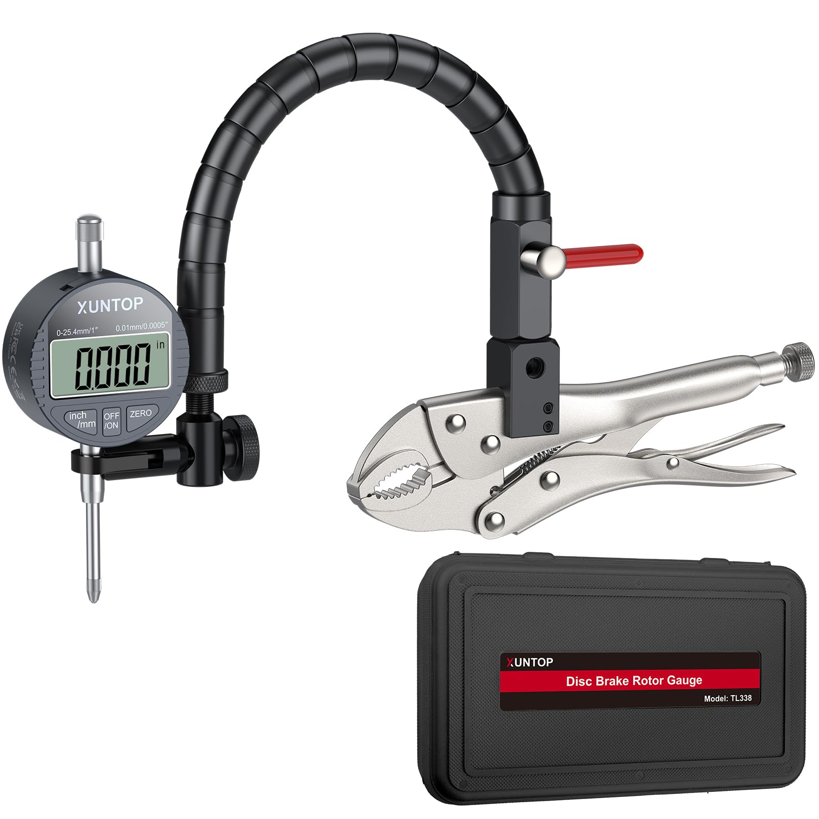 XUNTOP Reloj Comparador 0-1''/0.0005'' Indicador de Cuadrante con 360° Soporte Flexible y 7" Alicate de Bloqueo para Comprobar Desgaste de Neumáticos y Ruedas, Desgaste de Guías de Válvulas
