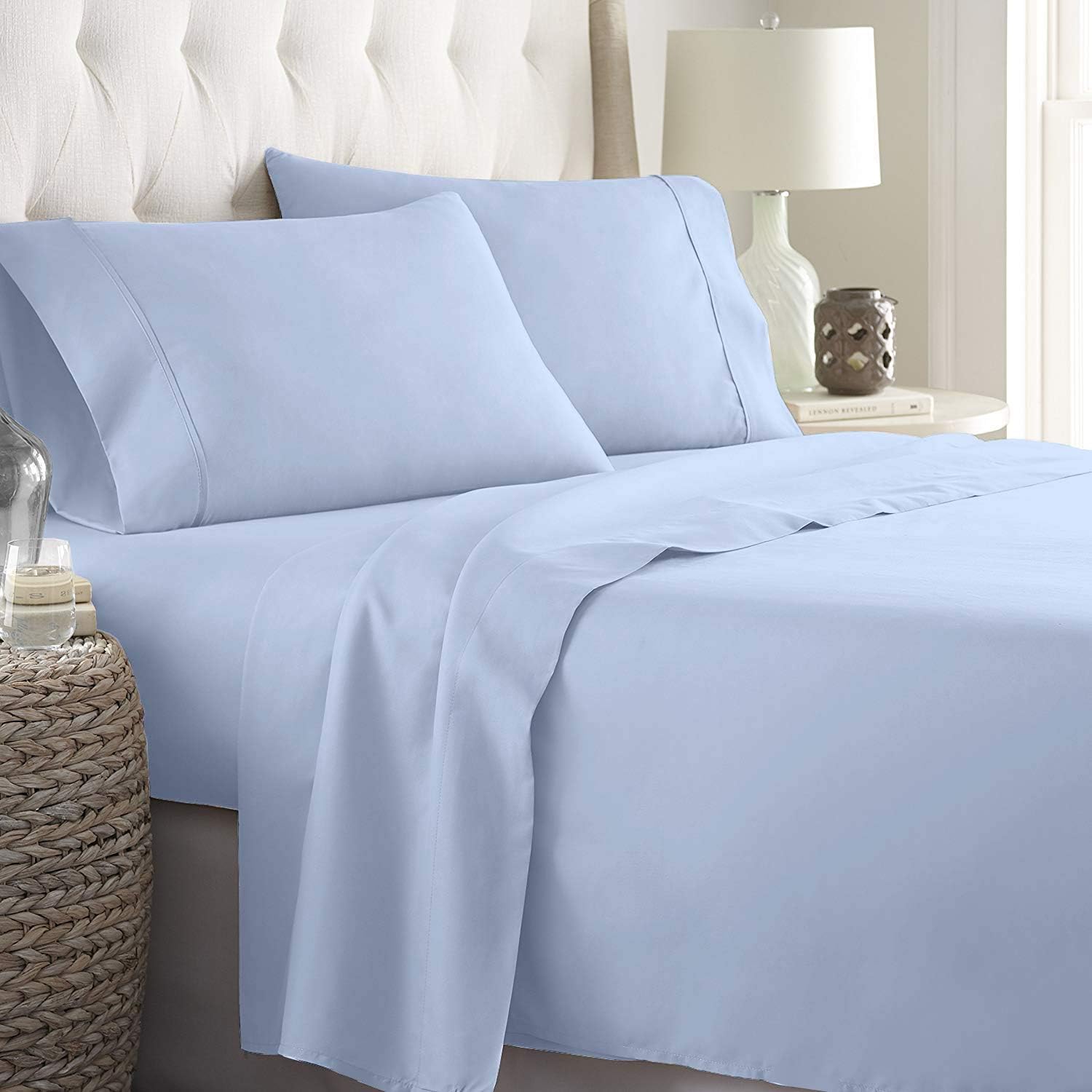 Queen Sheets Sets Cotton 400TC Light High order Drop Blue 15" Pocket
