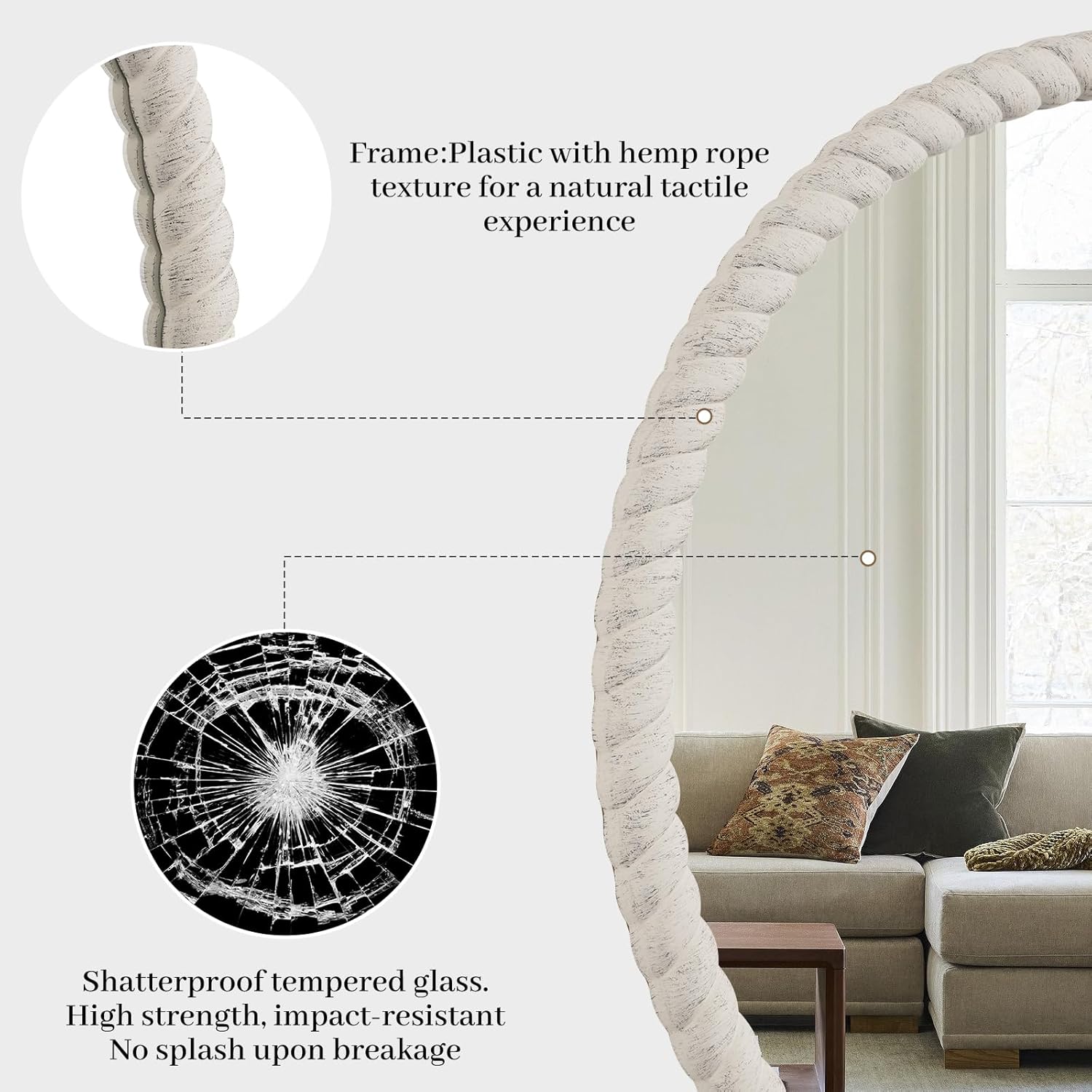WallBeyond 30" Round Mirror with Rope-Design Frame, Large Circle Wall Mirror for Bathroom, Bedroom, Entryway & Living Room, White