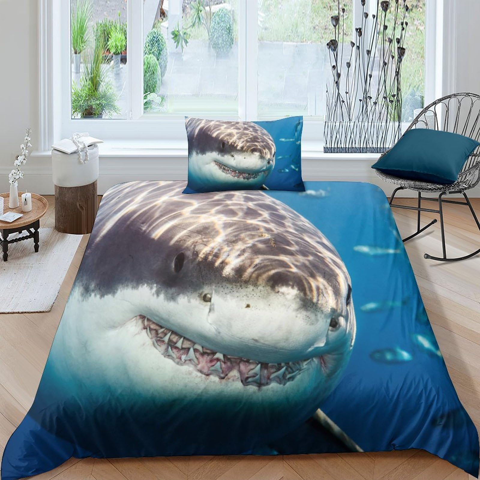 Parure de literie sharks 3D et housse de couette faune marine microfibre motif requins