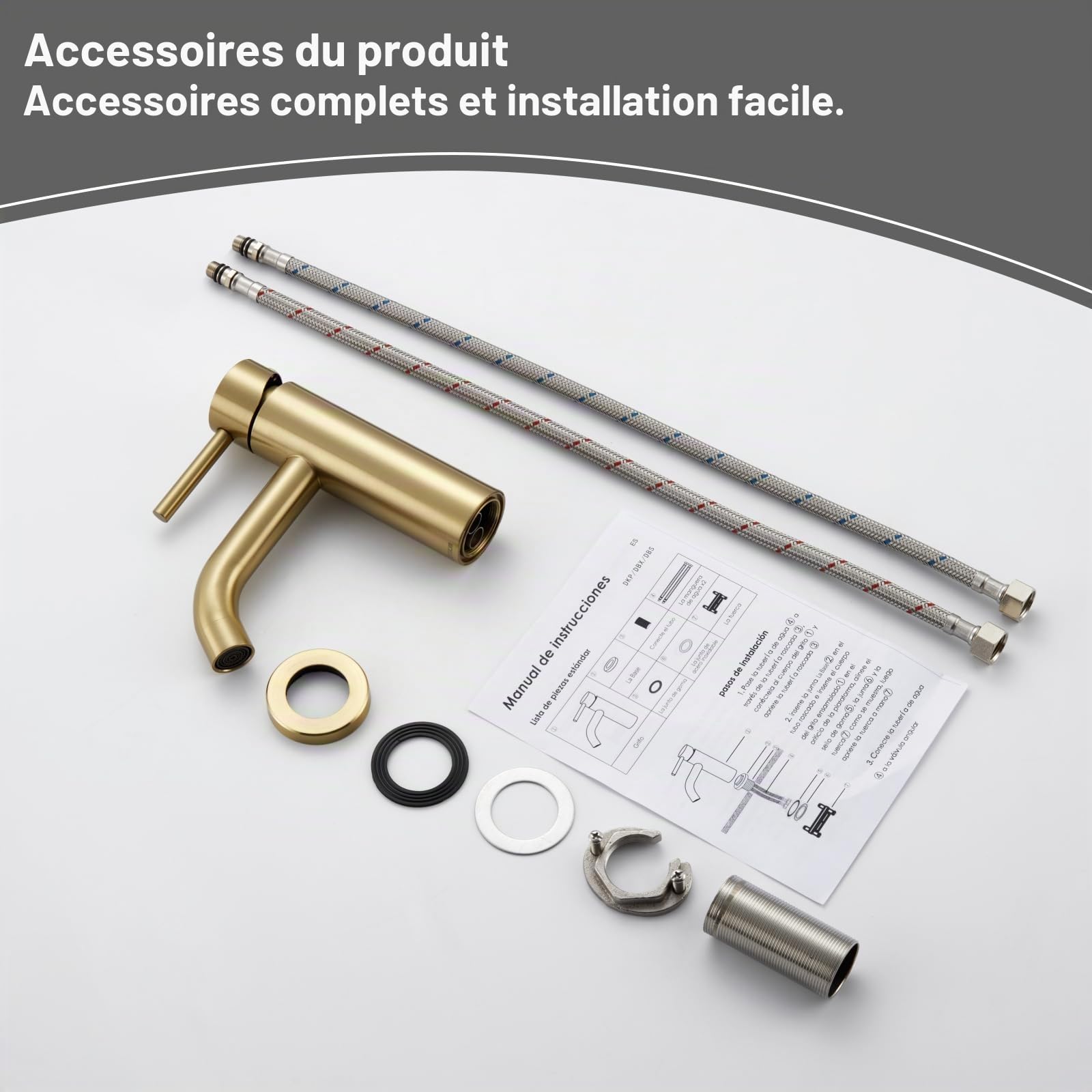 Mitigeur de Lavabo Doré, DETBOM Robinet de Lavabo Réglable Chaud et Froid, Robinet Salle de Bain Monocommande, Acier Inox, Aérateur Amovible, Sans Plomb, Or Brossé