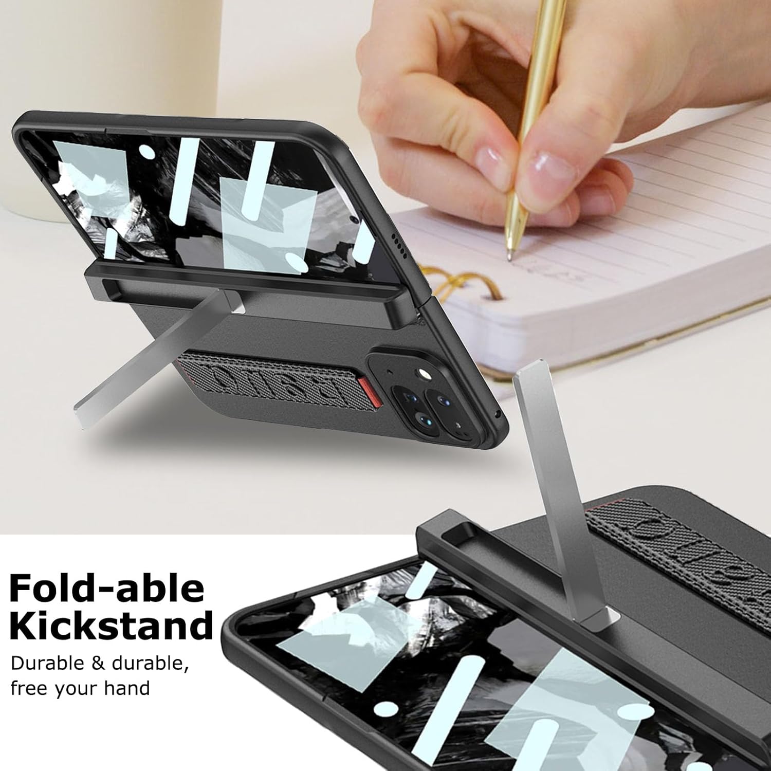 for Google Pixel 9 Pro Fold Case with Wrist Strap, Full Coverage Hand Strap Case with Kickstand Screen Protector Hinge Protection Stand Protective Cover for Google Pixel 9 Pro Fold Fiber