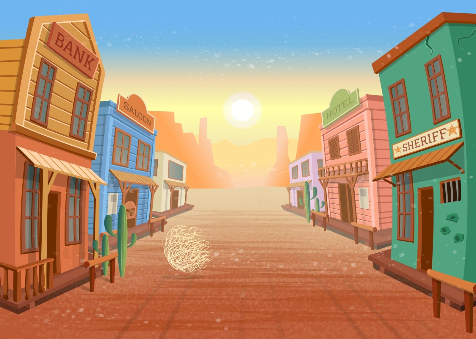 Loccor 20x10ft Fabric Cartoon Western Town Backdrop Wild Western Desert Town Street Wood Buildings Background Backdrop Cowboy Cowgirls Backdrop