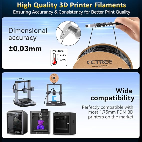 CCTREE TPU Black Filament 1.75mm High Speed Soft 95A TPU Flexible 3D Printing Filament 1kg Spool(2.2lbs) Dimensional Accuracy +/- 0.03mm for Bambu lab 3D Printer