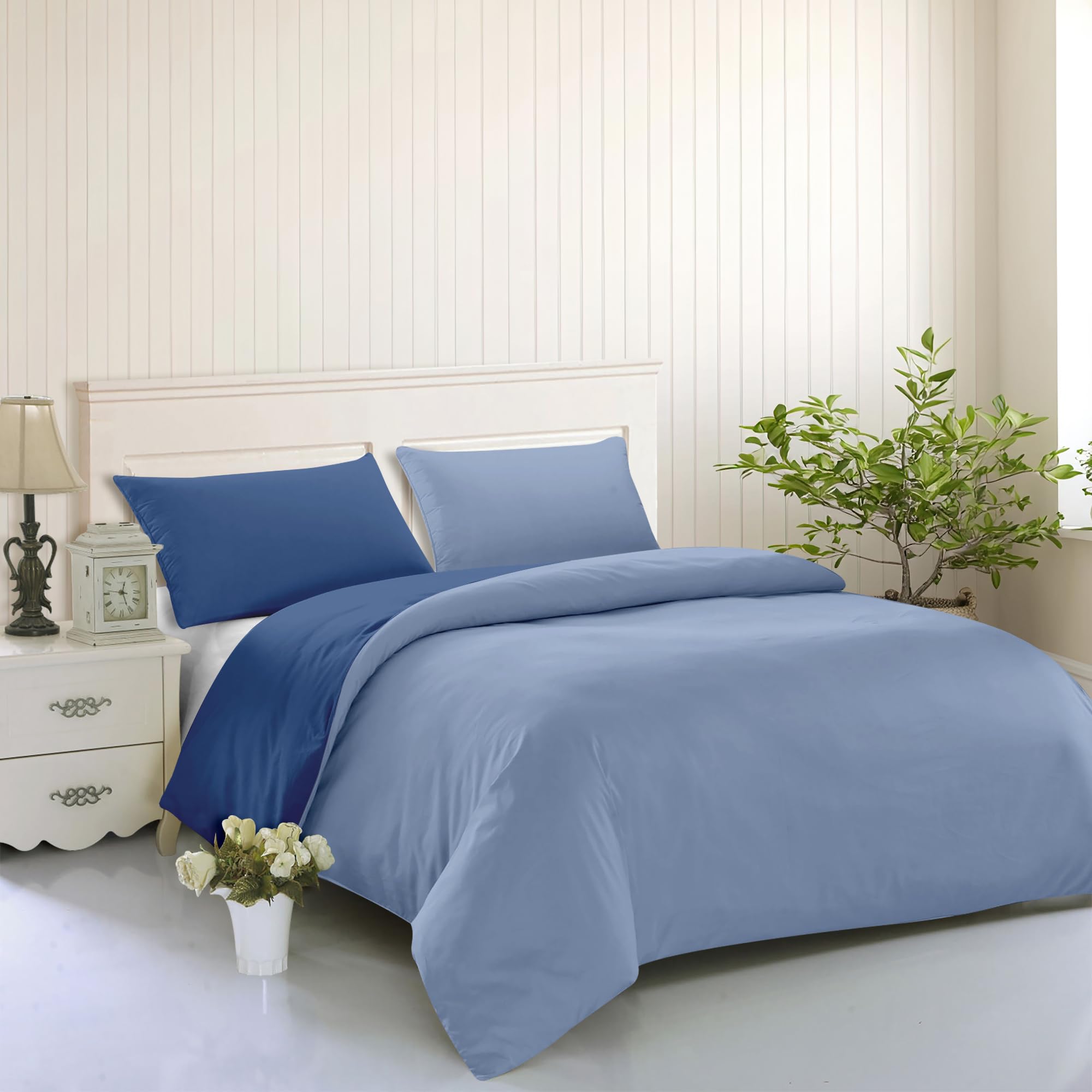 IlGruppone Set Copripiumino No Stiro Sacco e Federe Bicolore Effetto Raso Parure Microfibra Morbida Anallergica Mano Pesca - Azzurro/Blu - Matrimoniale