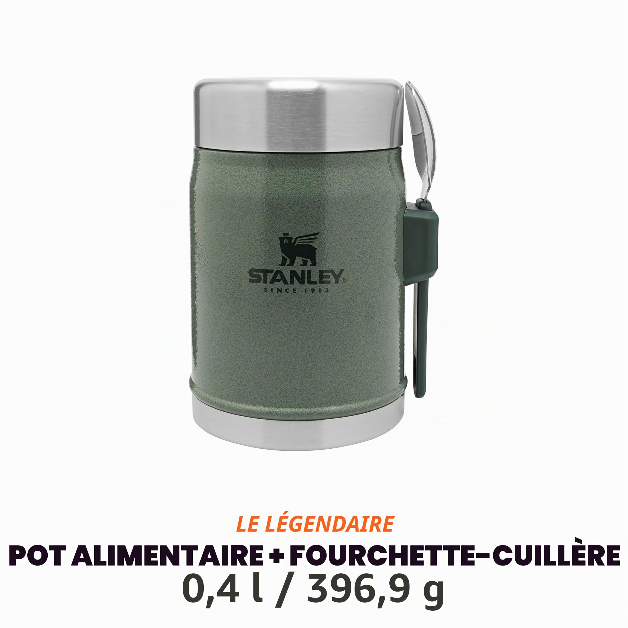 Stanley 1913 Classic Legendary Food Jar 0.4L avec Cuillére-Fourchette - Alimentaire Chaud a 7h - Lunch Box Isotherme - Acier Inoxydable - Sans BPA - Hammertone Green
