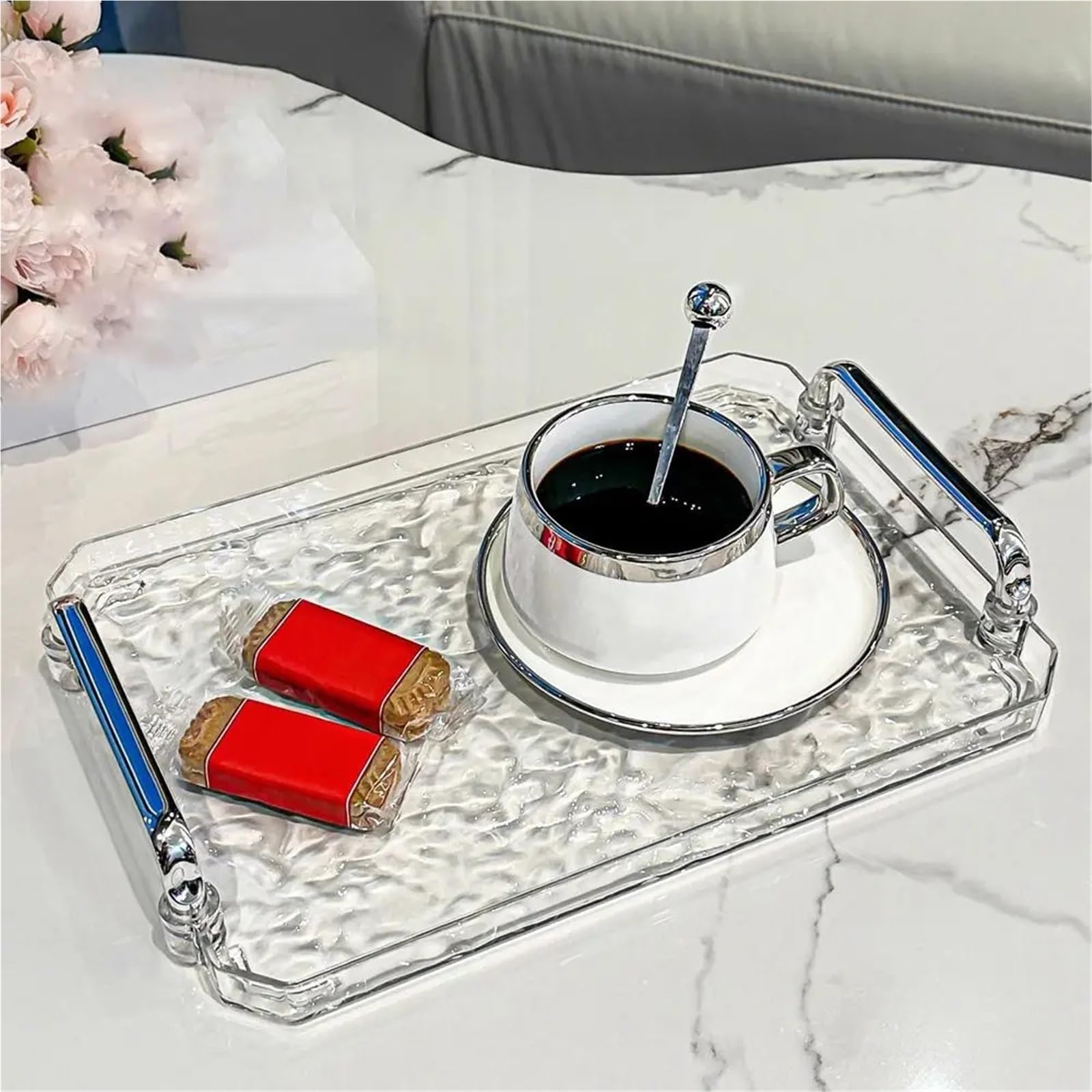 Bandeja Transparente para Servir, Bandeja para Taza de té con asa, Bandeja Decorativa para el té de la Tarde, para Sala de Estar (Gris L)