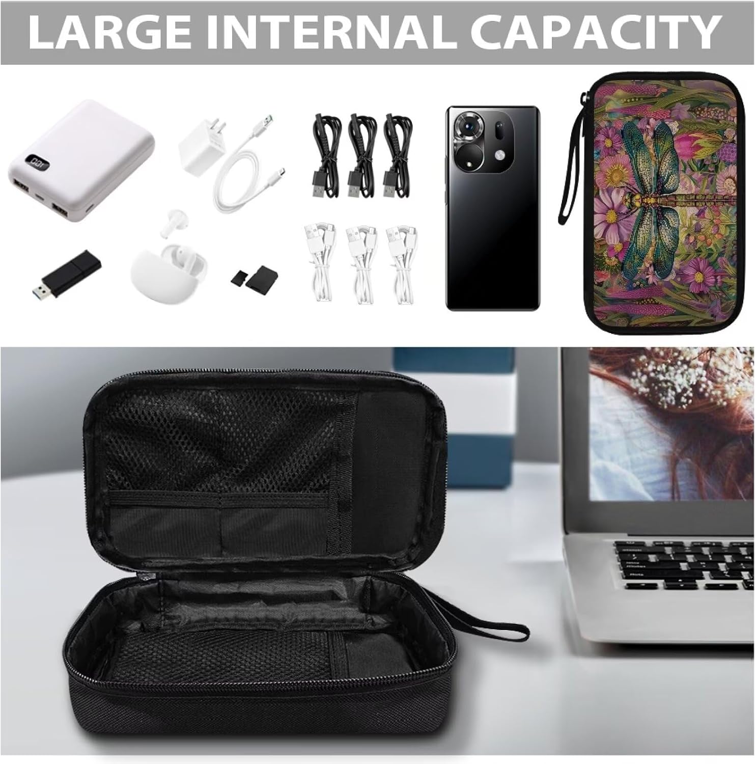 Lotusorchid Dragonfly Print Electronic Organizer Travel Case Portable Daisy Charger Organizer Travel Case Slim Cable Organizer Bag Tech Organizer Travel Case, Purple and Green