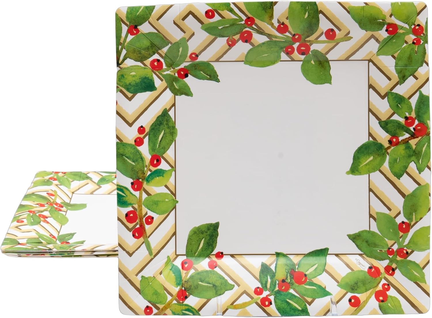 Caspari Holly And Fretwork White Square Paper Salad & Dessert Plates - includes 8 Paper Salad & Dessert Plates