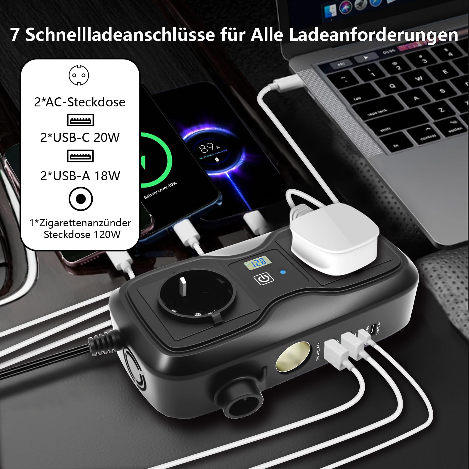7 in 1 200W Wechselrichter 12V auf 220–230V, SZSSTH Spannungswandler Auto Steckdose 2 USB-A/2 Typ-C (5V 3A), Stromwandler mit Zigarettenanzünder Steckdose Power Inverter für Handys, Laptops, Campen