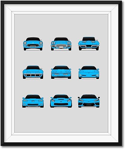 Custom Car Posters Póster hecho a mano compatible con Chevy Corvette Generations - Arte de pared impreso para decoración de la evolución del