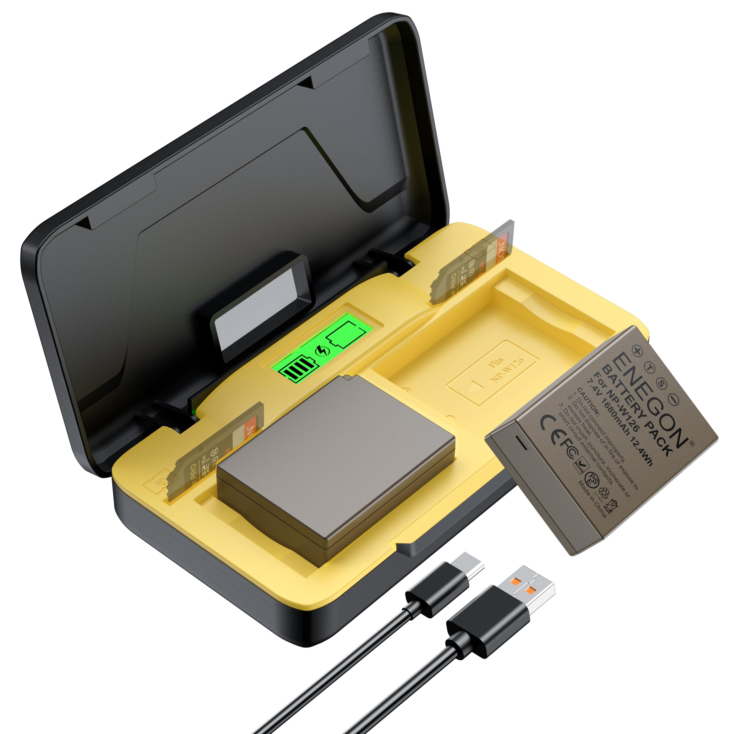 ENEGON Batteria NP-W126S/W126 1680mAh, Caricatore Rapido 20W LCD per Fujifilm XT30III, XM5, X100V, X100VI, X100F, X-T1, X-T3, X-T30, X-T100, X-A1, X-E1, X-E2, X-E3, X-M1, X-Pro1, HS30EXR, HS35EXR