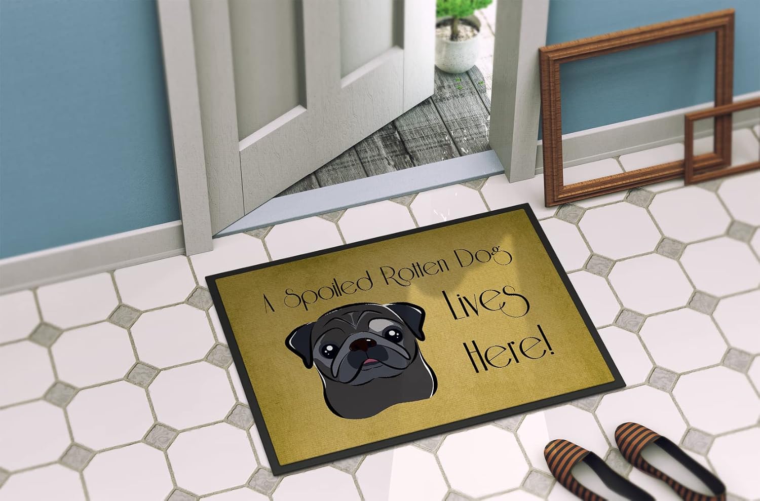 Caroline's Treasures BB1511JMAT Black Pug Spoiled Dog Lives Here Doormat 24x36 Front Door Mat Indoor Outdoor Rugs for Entryway, Non Slip Washable Low Pile, 24H X 36W