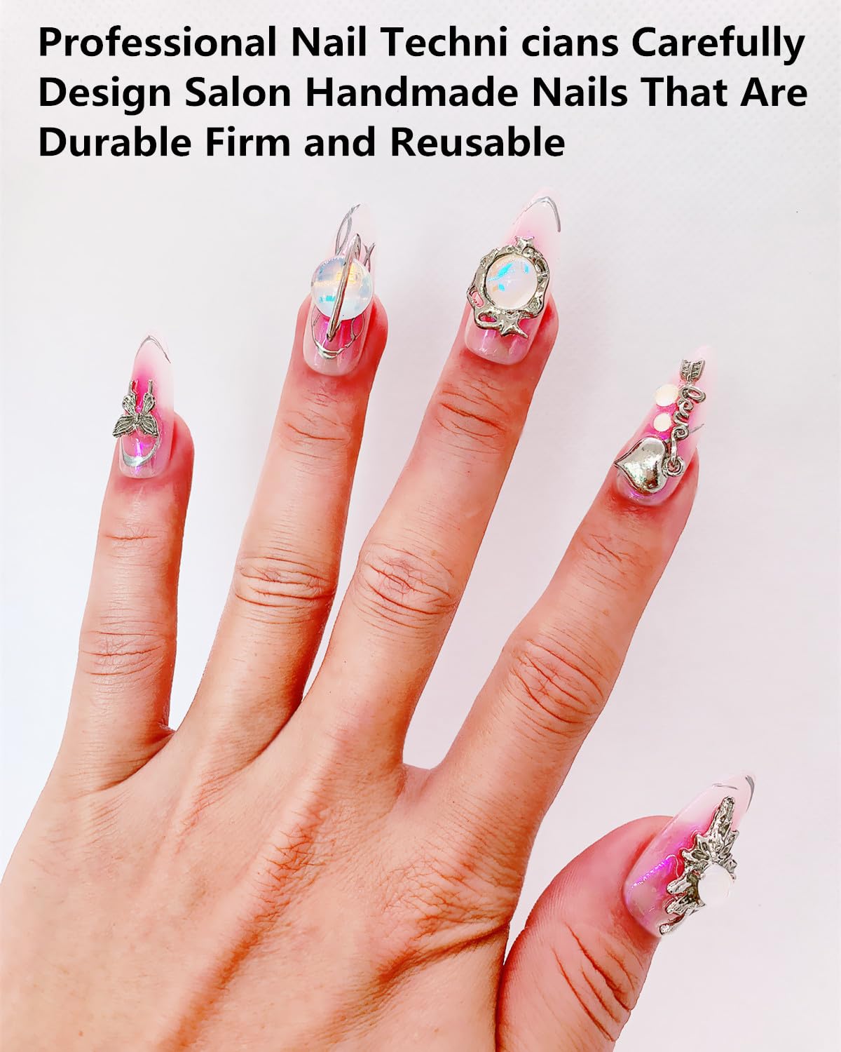 CAMILCY Press on Nails Handmade Nails Luxury Reusable Fake Nails long Almond Armor Gradient Pink Diamonds Hand Painted Salon Loveful Design Acrylic GelUV Finished For Women 3D Nails 10PCS (A044, M)