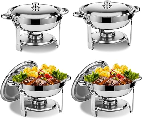 Juego de 4 platos para bufé, de acero inoxidable redondo de 5 cuartos de galón de tamaño completo para catering, juego mejorado de calentador de