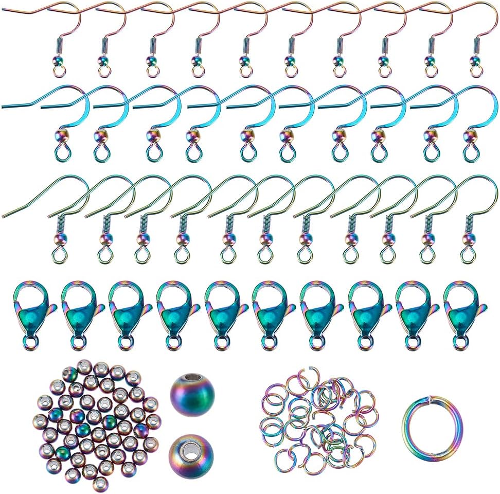 PH PandaHall 120pcs Rainbow Color Earring Making Kit 3 Sizes Fish Hook Ear Wire with Loop 304 Stainless Steel French Earring Hooks Lobster Claw Clasps Jump Rings Spacer Beads for Jewelry Making