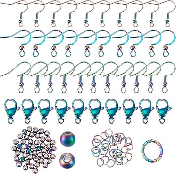 PH PandaHall 120pcs Rainbow Color Earring Making Kit 3 Sizes Fish Hook Ear Wire with Loop 304 Stainless Steel French Earring Hooks Lobster Claw Clasps Jump Rings Spacer Beads for Jewelry Making