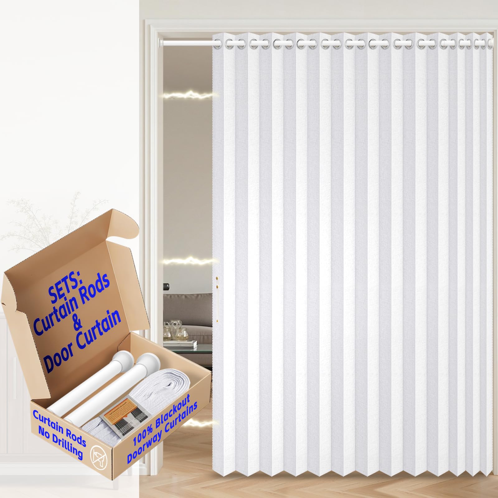 AJAZZ 100% Blackout Magnetic Door Curtain Patio Door Curtain Invisible for Bedroom Living Room Accordion Doorway Sets Included Rod, 1Pack, W75 x L80 Inch, White