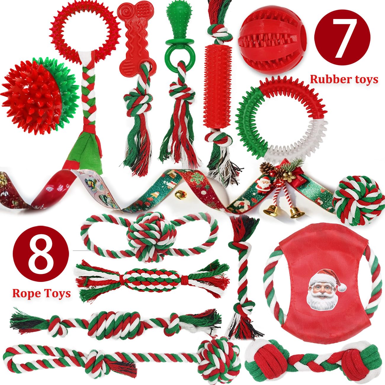 Juguetes de Navidad para perros, paquete de 15 juguetes masticables de goma para cachorros con juego de juguetes de cuerda, caja rígida interactiva para perros, entrenamiento para jugar a la