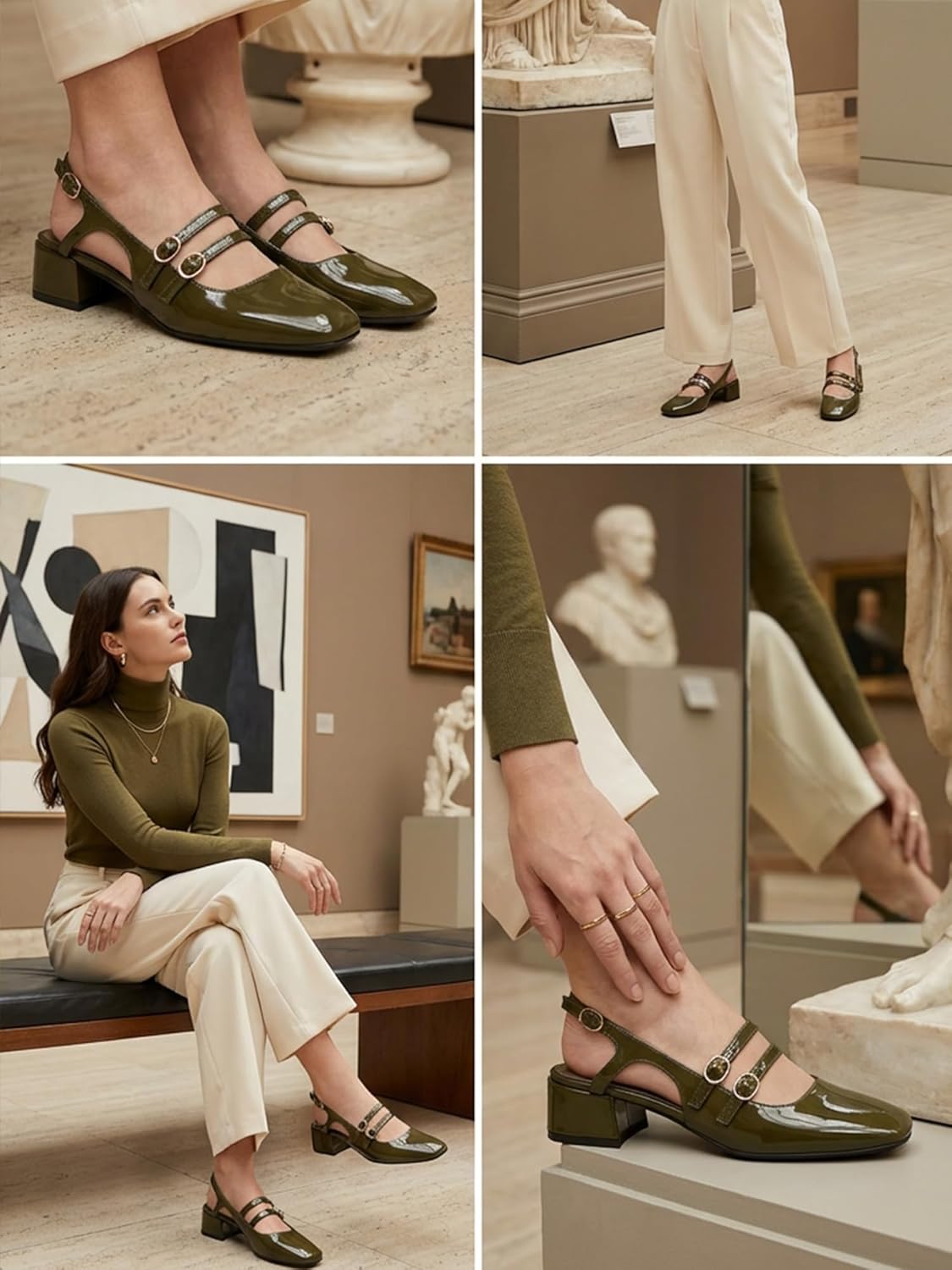 Women's Mary Jane Chunky Low Block Heels Slingback Pumps Closed Square Toe Double Strap Wedding Dress Shoes - Image 2